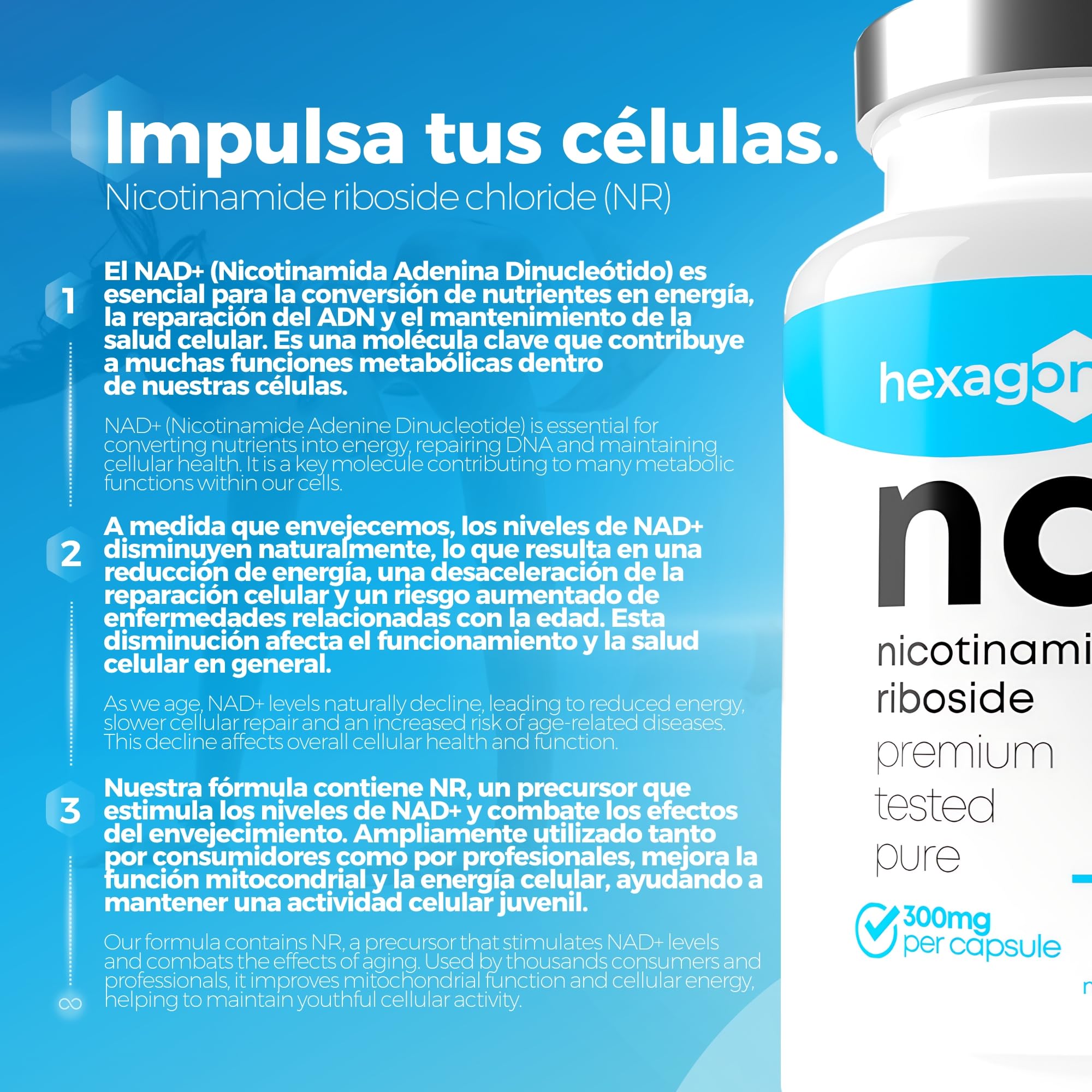 NAD+ Nicotinamide Riboside Chloride 300mg - +6 Meses de Cura - Contra la Edad y la Fatiga, NAD Booster - Polvo Puro, 180 Cápsulas - Grado Farmacéutico - Vegano - Hexagon