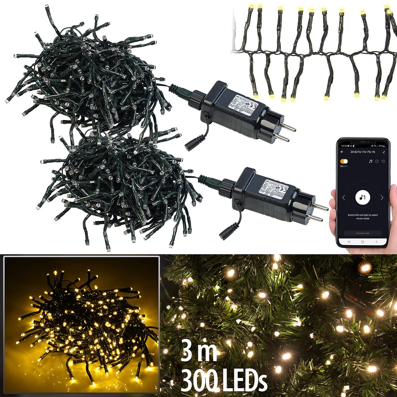Lunartec Smart Home Lichterkette: 2er-Set WLAN-LED-Büschel-Lichterketten, 300 LEDs, App, 6 m, dunkelgrün (Lichterkette Strom innen, Partylichterketten außen Strom, Dimmer)