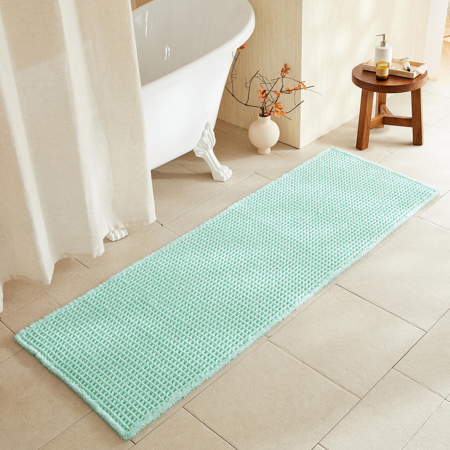 TYUU Waffle Runner Rug Bathroom, Long Boho Bath Mat, 72x24 Aqua Blue