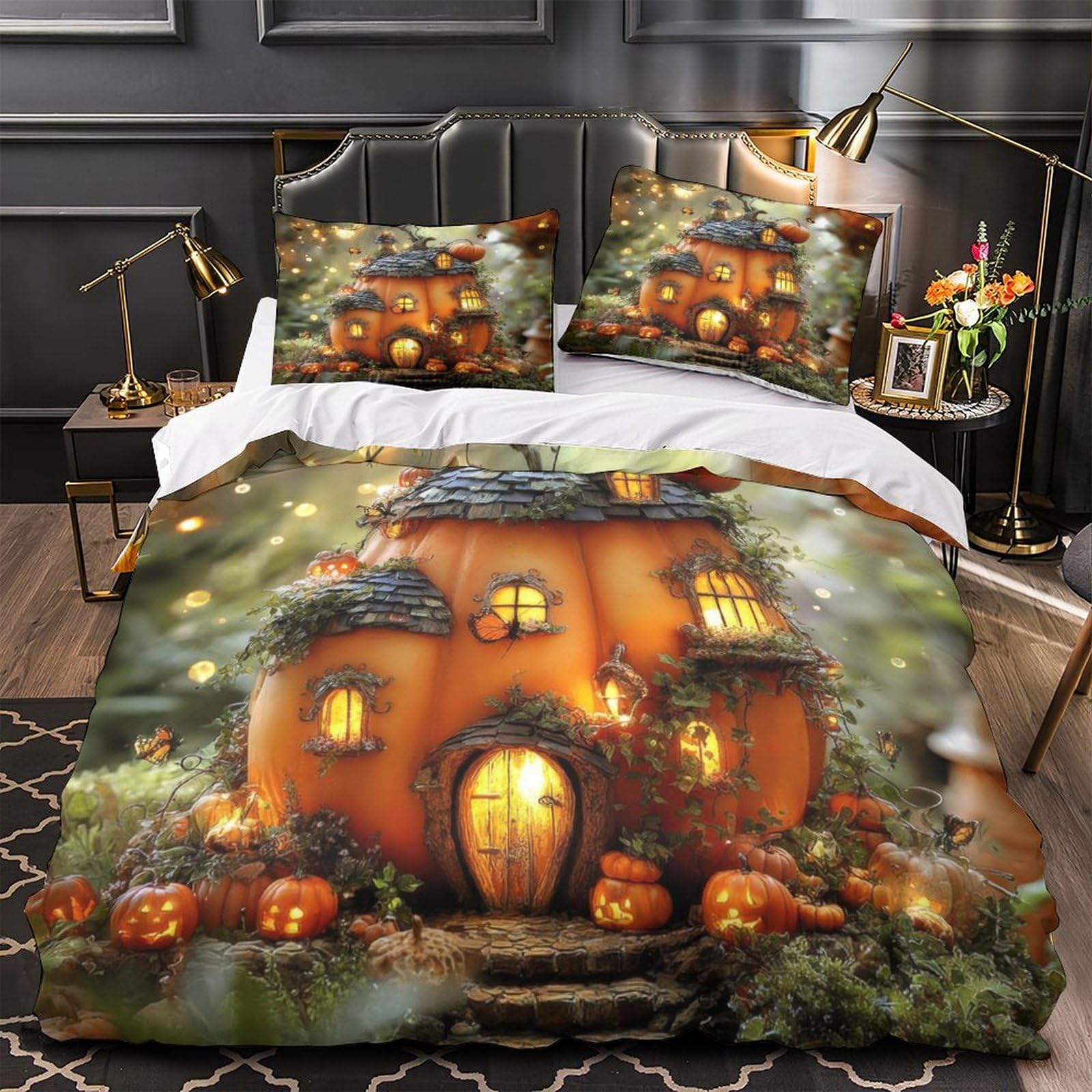 MMDASBVPE Halloween Pumpkin House Comforter Cover 3D Print Hypoallergenic 3PCs Bed Linen Hidden Zipper Duvet Cover Extra Soft Breathable for Teens Youth Adults Women Kids Boys Super king（260x220cm）