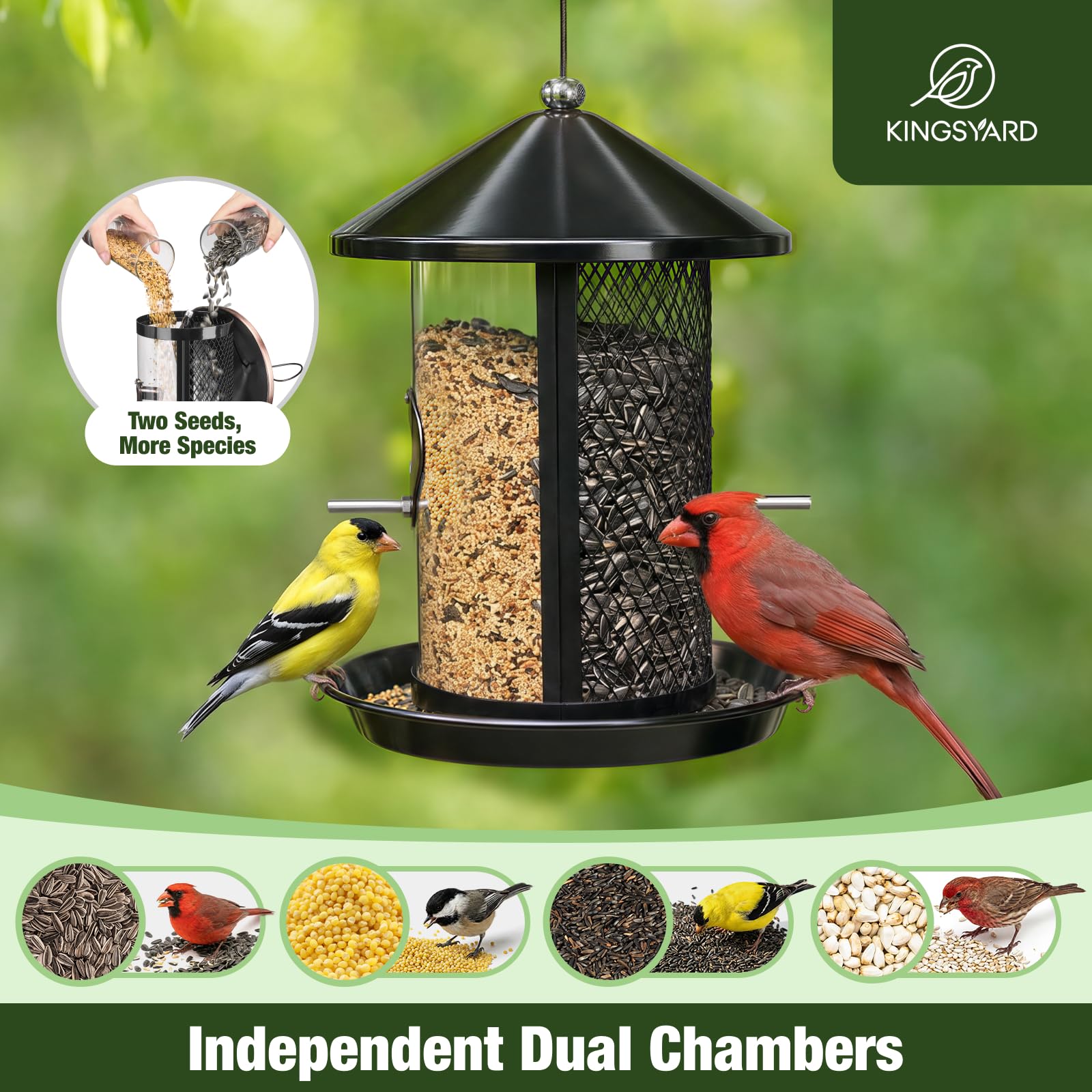 Kingsyard Comedero de metal para pájaros para colgar al aire libre, comedero para pájaros silvestres a prueba de masticación con doble cámara de 4 libras de capacidad para pinzón cardenal Bluebird