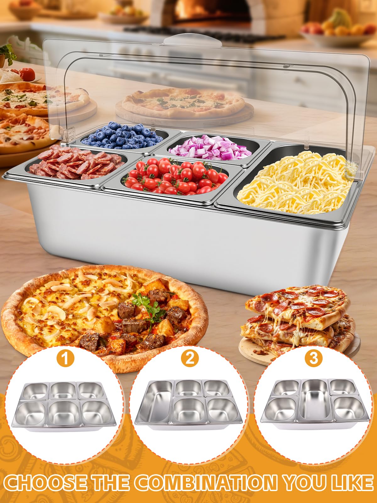 Kalolary 2 Stücke Edelstahl Zutatenbehälter, 7 Pfannen Gewürz Organizer Set aus Edelstahl für Salatbar Buffet mit Löffeln Kühlboxen und Buffetbehältern für Soßen Marmeladen Zutaten Küche Restaurant