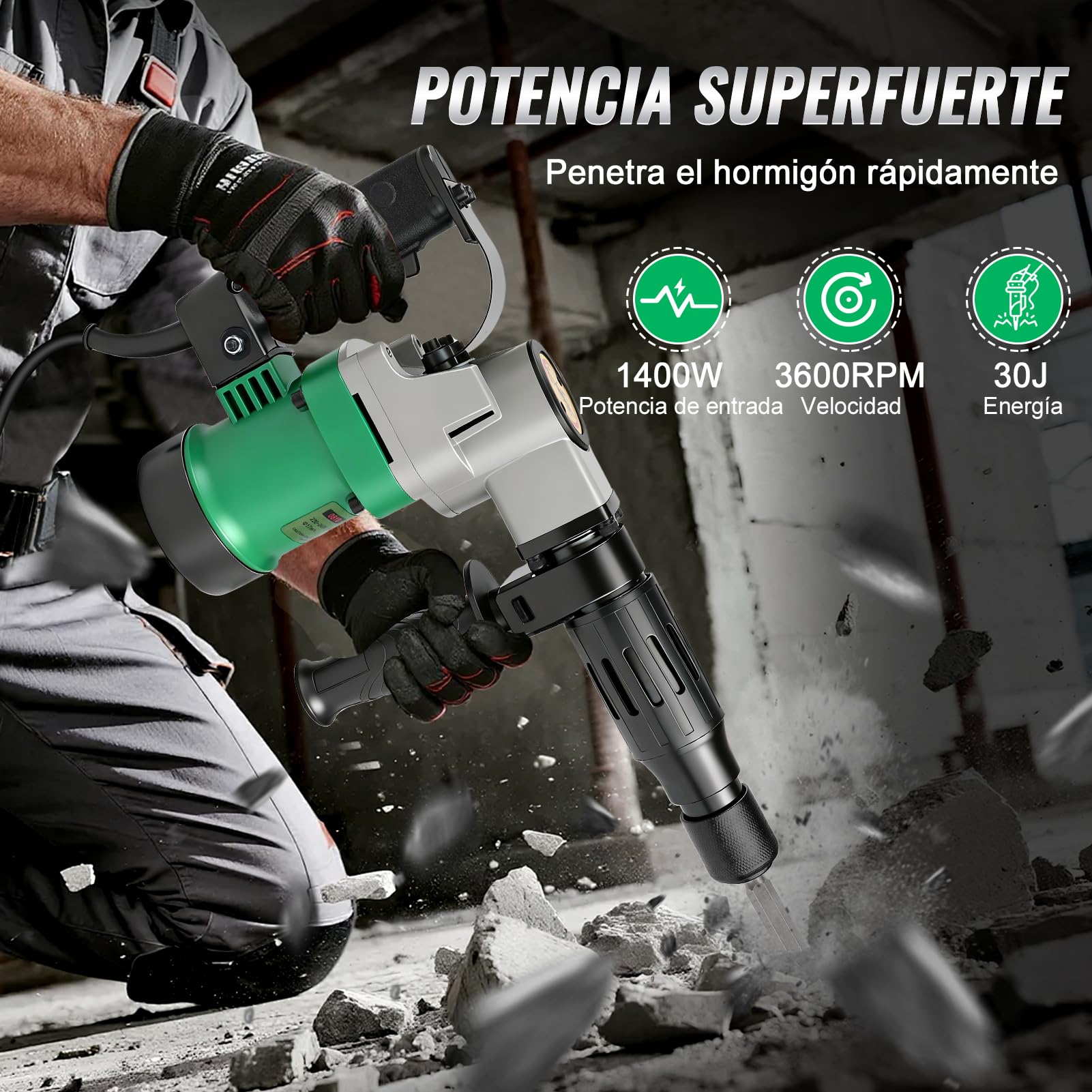 Martillo perforador SDS Plus, juego de martillo demoledor de 1400 W y 30 julios, taladro percutor eléctrico 3 en 1 de 3600 RPM con mango antivibración, incluye cincel puntiagudo y cincel plano.