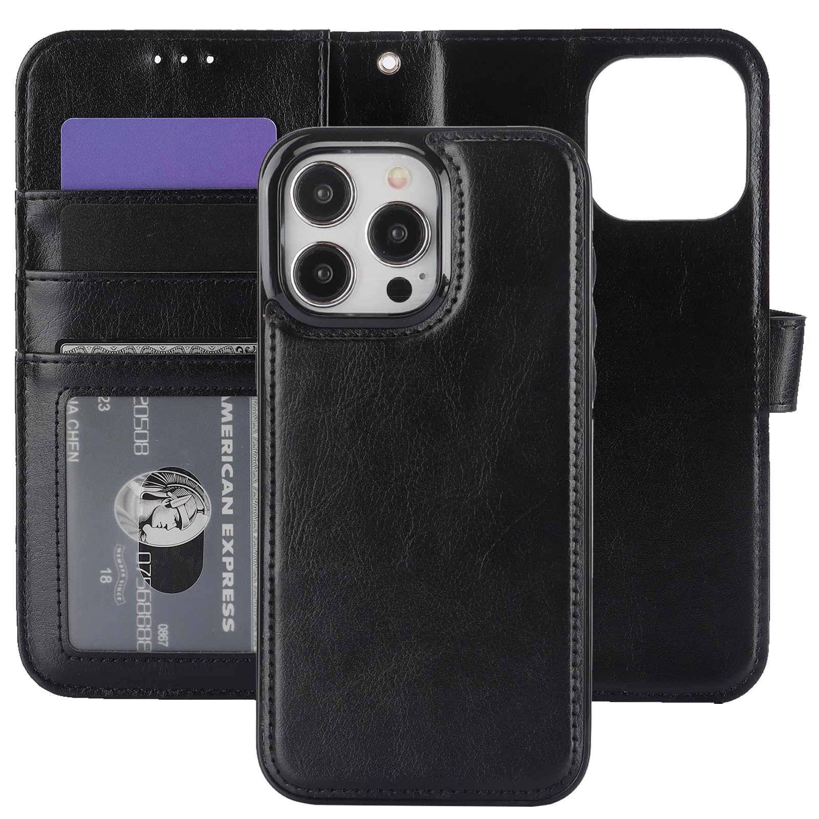 Bocasal Detachable Wallet Case for iPhone 15 Pro Max RFID Blocking Card Slots Holder Premium PU Leather Magnetic Kickstand Shockproof Wrist Strap Removable Flip Protective Cover 5G 6.7 inch (Black)