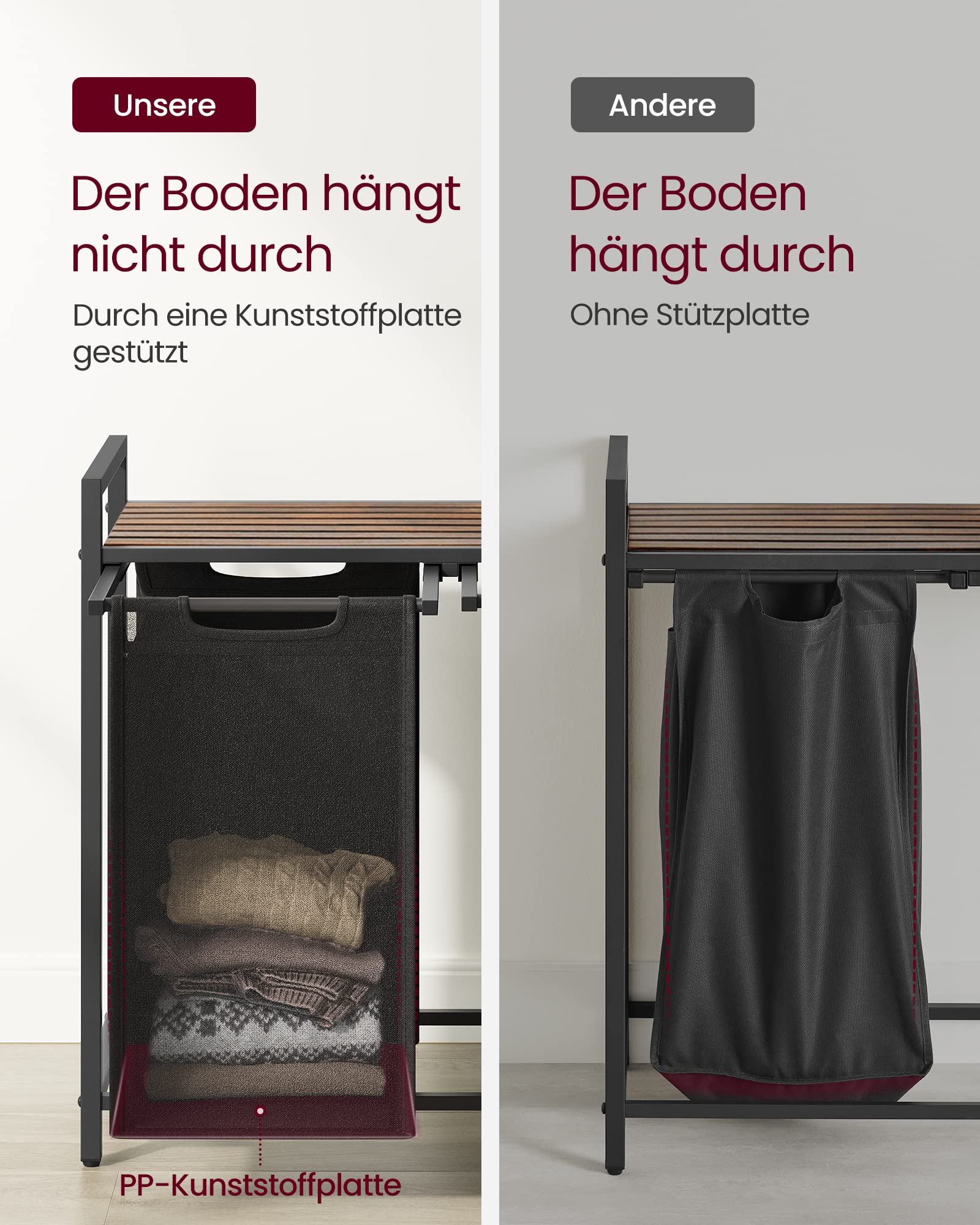 VASAGLE Wäschekorb 2 Fächer, Wäschesammler mit Ablage, Wäschebox, Wäschesack aus Oxford-Gewebe abnehmbar, Metallrahmen, 2 x 46 L, 73 x 33 x 72 cm, tintenschwarz-vintagebraun BLH201B01
