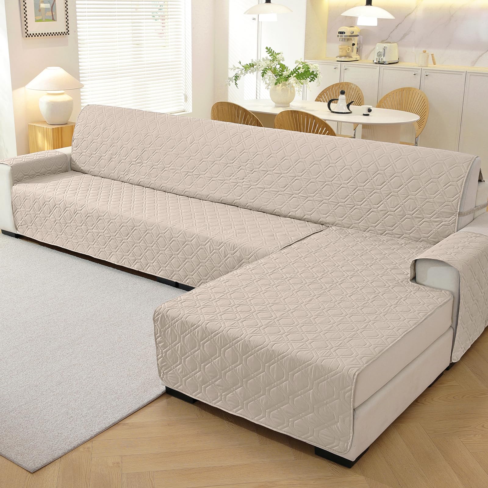YSTELLAA Impermeabile Copridivano 3 Posti Con Penisola, Copri Divano Angolare Destra/Sinistra Universale Reversibile, Copridivano Chaise Longue Antiscivolo, Antigraffio Antimacchia, Beige