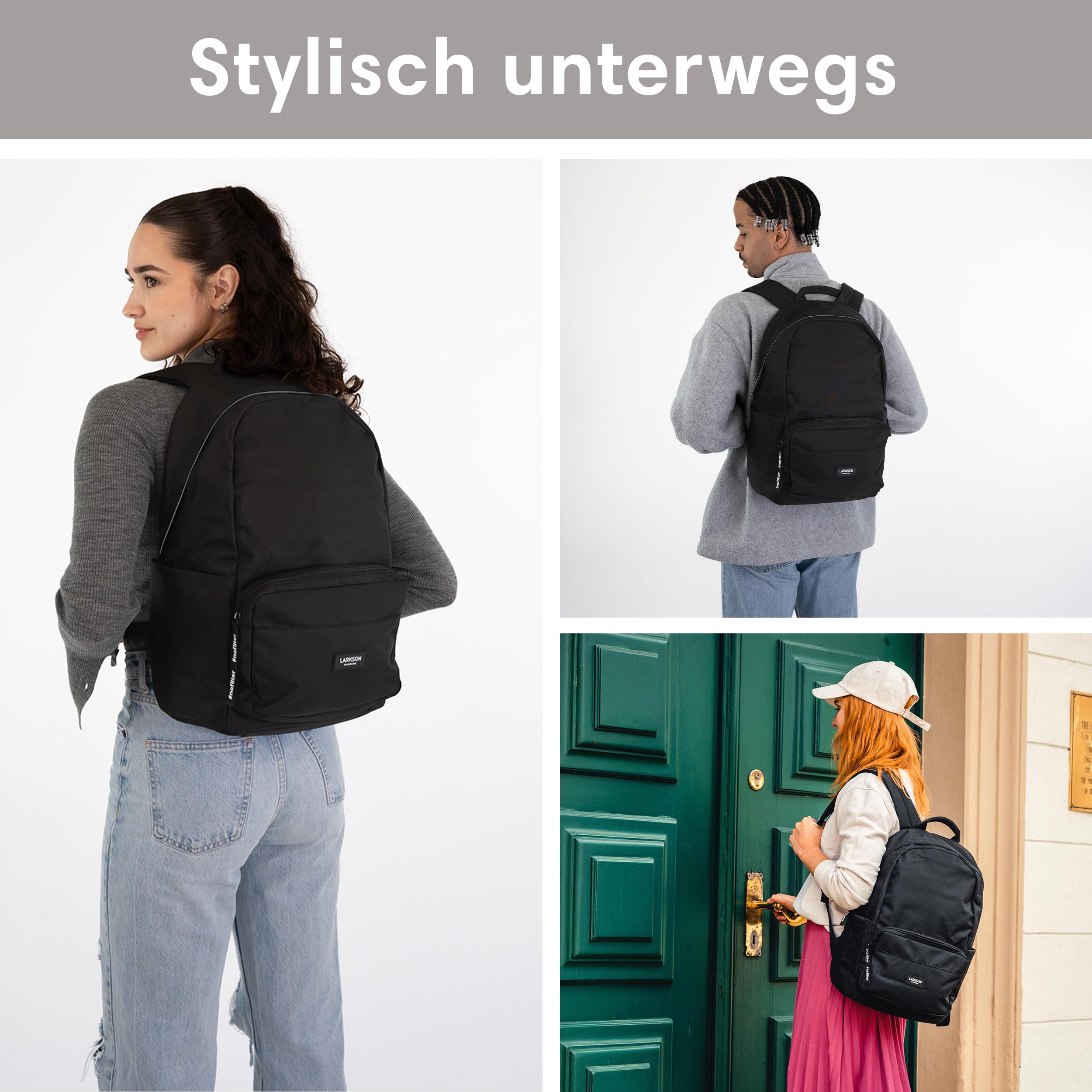 LARKSON Schulrucksack Mädchen Jungen Teenager Schwarz 16" Laptopfach Polyester Wasserabweisend