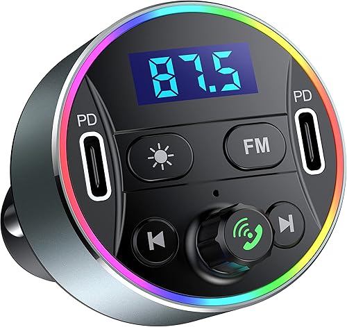 Dual PD 40 W Tipo-C USB Cargador de coche Bluetooth Adaptador de coche Bluetooth 5.3 Transmisor FM para coche con micrófono y sonido HiFi