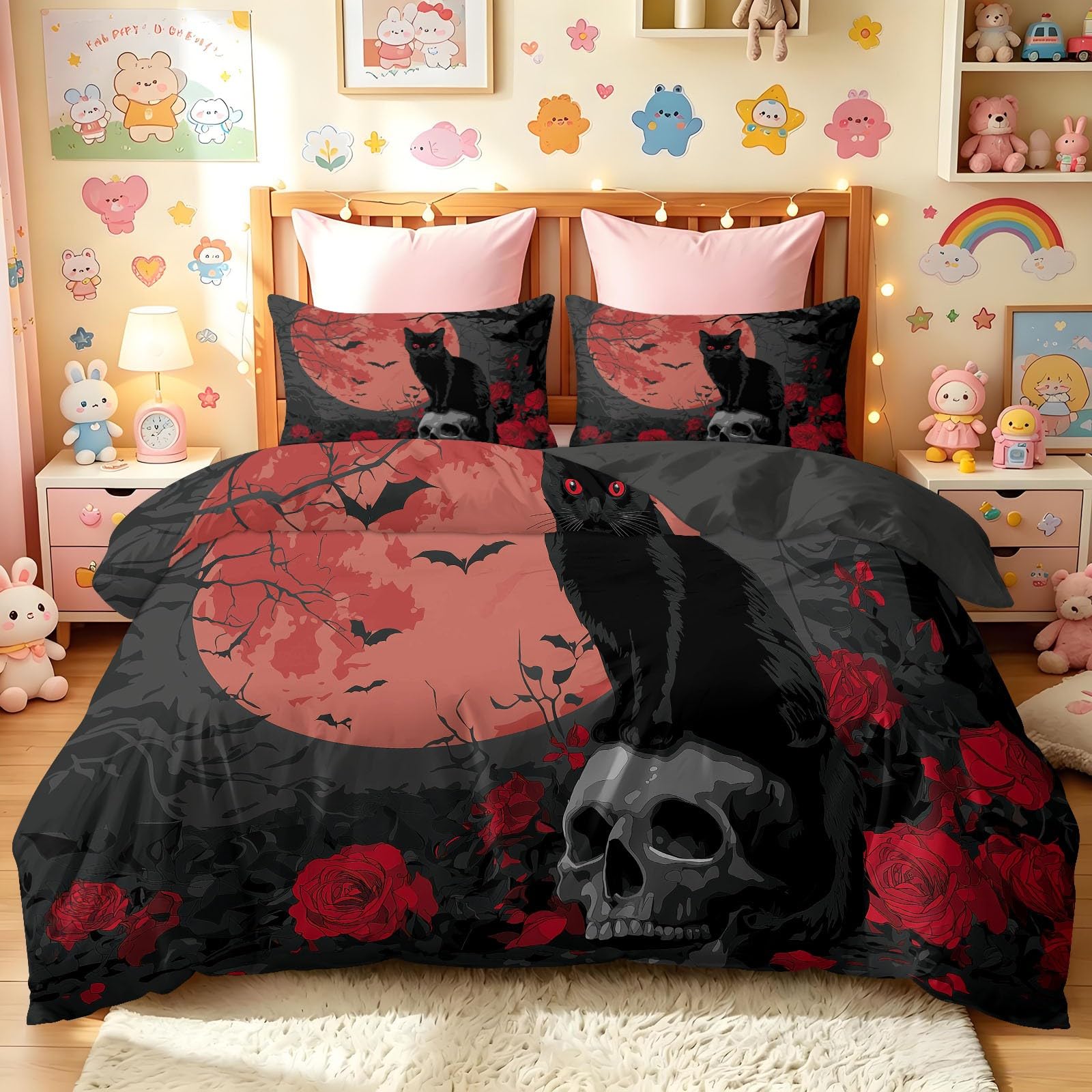 Juego de funda de edredón y funda de almohada de Halloween con diseño gótico rosa, calavera de gato negro, luna roja, ropa de cama de microfibra suave, 260 x 220 cm, reversible, hipoalergénica, para