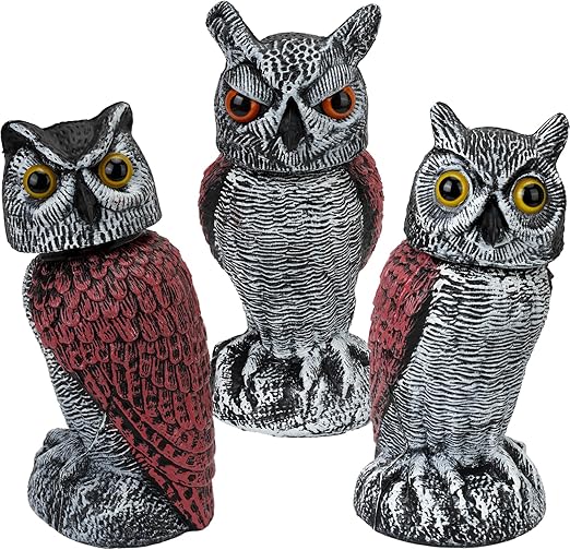 3PCS Bird Owl to Frighten Birds,Fake Owl Statue Decoy,Plastic Owls Scarecrow with Rotating Head for Garden Yard Outdoor