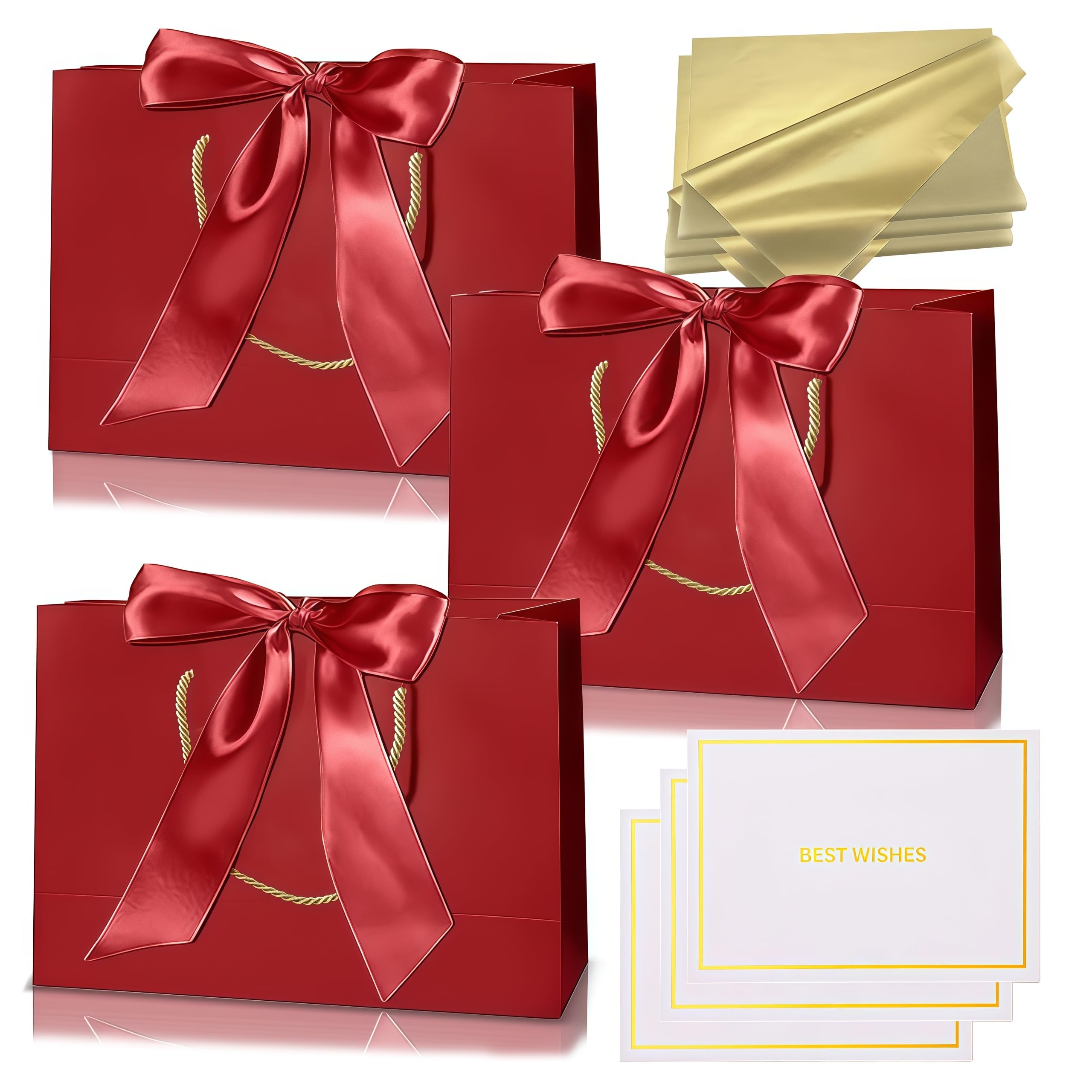 Medium Christmas Burgundy Gift Bags for Present,3Pcs Dark Red Personalised Birthday Paper Gift Bag with Ribbons 6 Metallic Gold Tissue Paper 3 Cards Wrapping Bag for Women Men Wedding Christmas Party โ image 1