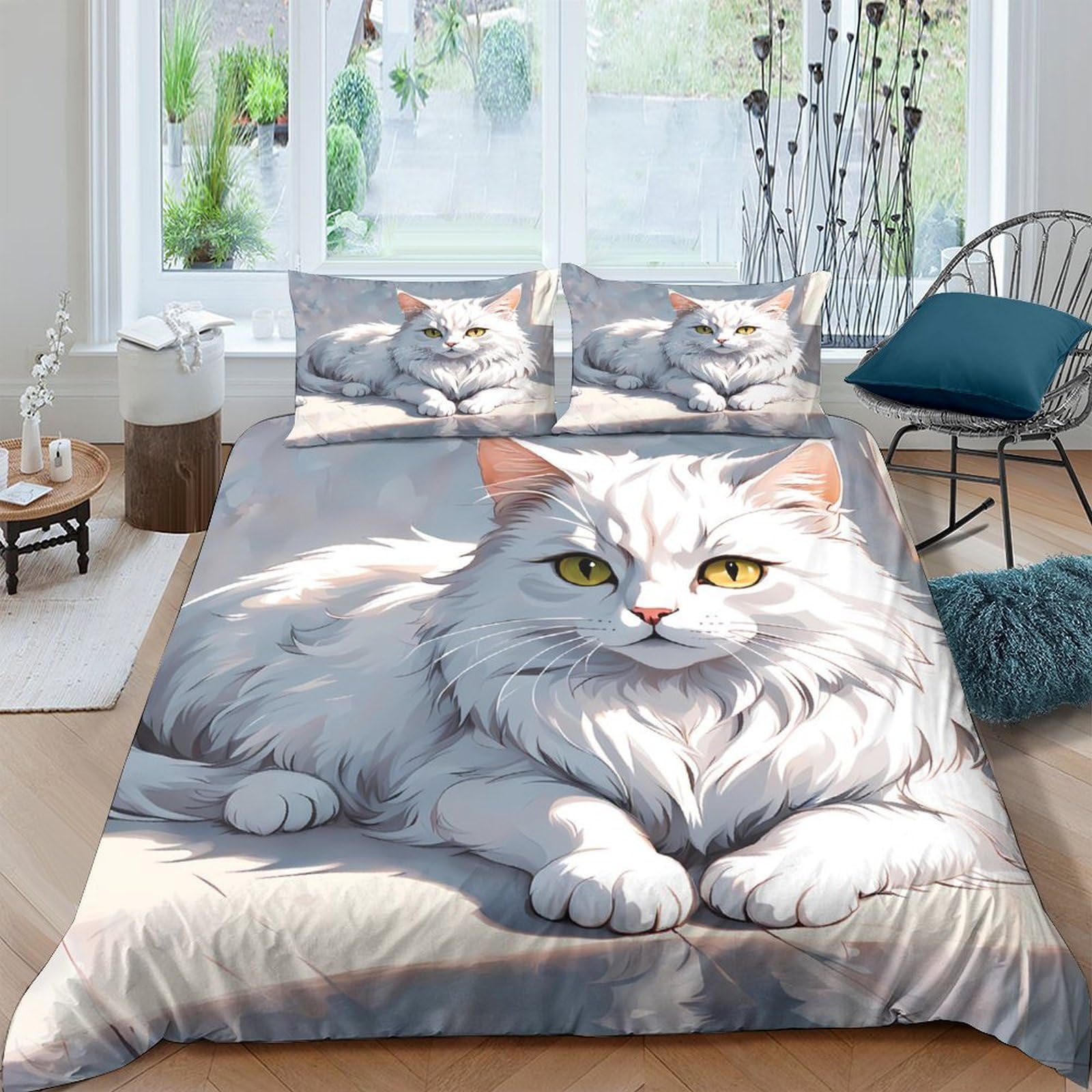Ctjqhvkz Style-5 3D Printed Fluffy White Cat Fitted Sheet Microfiber Soft Breathable Grey Cat Bed Cover For Bedroom Dorm Decor Single（135X200cm）