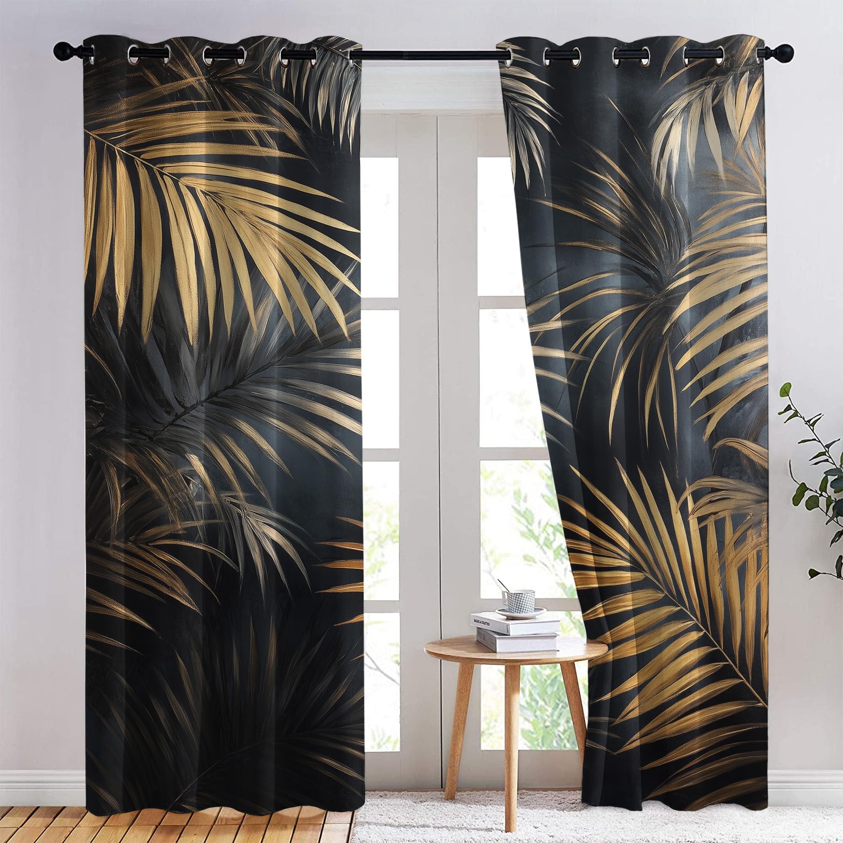 Rideau Occultant Feuilles Palmier - Décoration Feuilles Tropicales, Rideau Thermique Motif Noir et Doré, Lot de 2 Rideaux Opaque à Oeillets pour Fenetre Chambre Salon, 140x240 cm (LxH) U#312