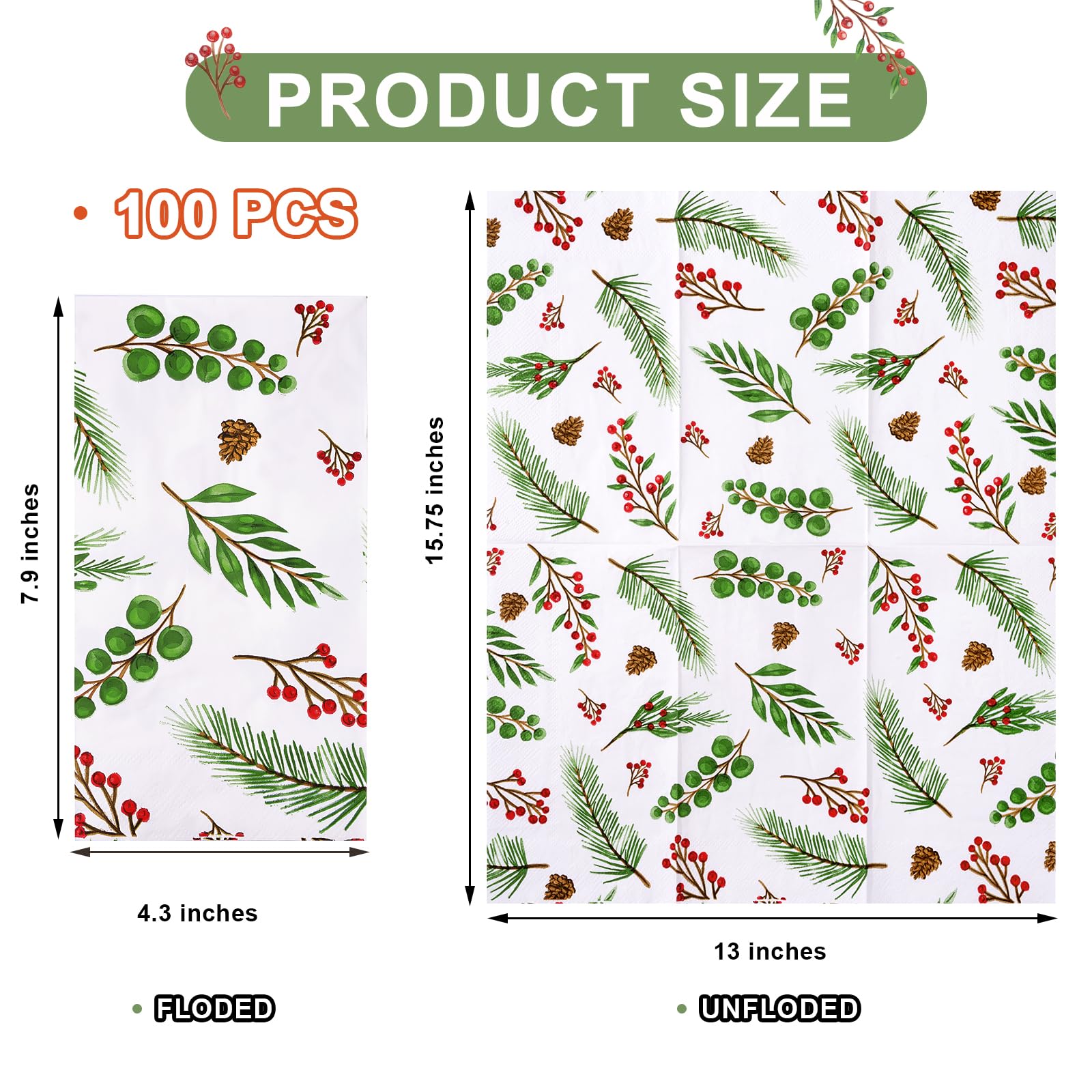 100 Christmas Paper Towels Holiday Disposable Napkins, 3 Ply Holly Mistletoe Berries Greenery Guest Hand Towels for Xmas Holiday Party Home Dinner Kitchen Bathroom Powder Room