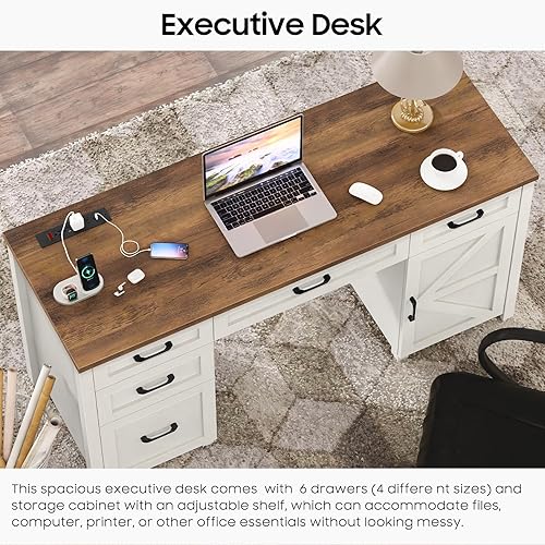 Miniatura 5 de Vabches Escritorio ejecutivo de granja de 61 pulgadas con 5 cajones, escritorio de oficina rústico para computadora con estación de carga, cajones