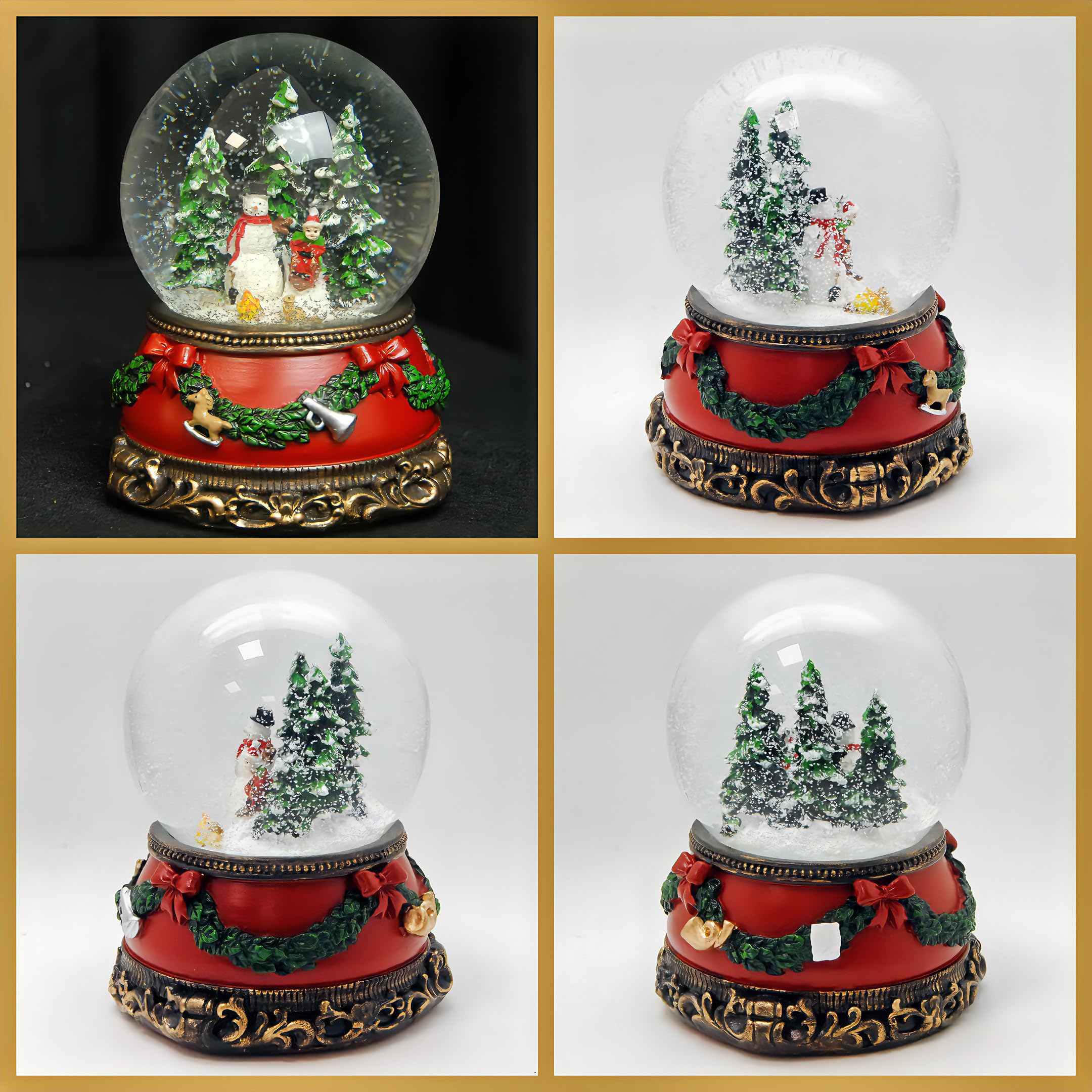 Schneekugel Weihnachten Spieluhr | Schneemann Steht | Sockel Weihnachtsdekor rot | Breite: 100mm, Höhe: 140mm | mit Musik | Weihnachtsdekoration | 20259