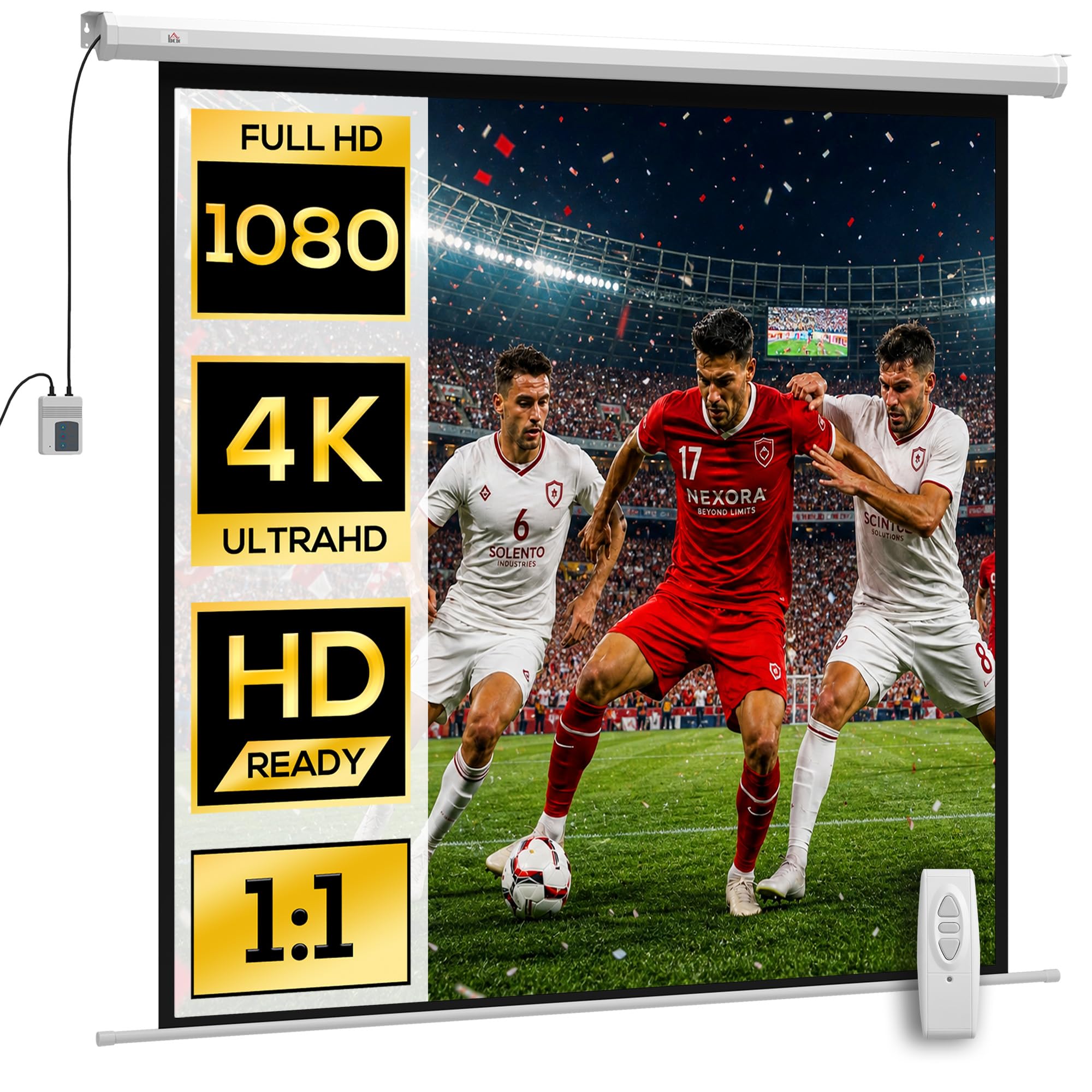 HOMCOM Beamer Leinwand Elektrisch 165 x 165 cm 92 Zoll 1:1 HD 4K Rollo-Leinwand mit Motor, Fernbedienung Projektionsleinwand für Heimkino Büro-Präsentationen