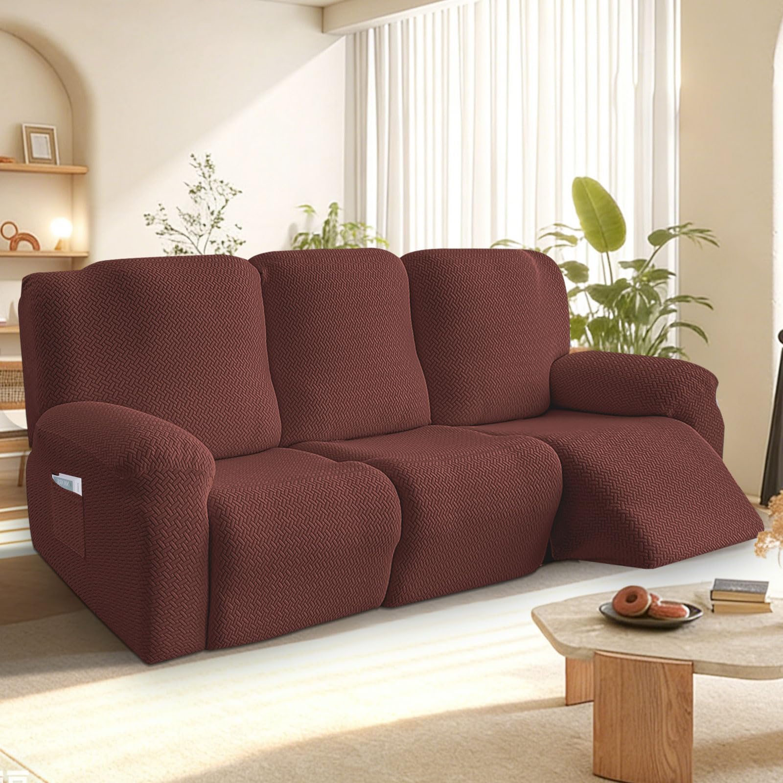 Bocguy Stretch Recliner Chair Cover, 8-Pieces Recliner Armchair Covers for Living Room Reclining Chair Slipcover with Side Pocket, High Spandex Slipcover/Lounge Cover, Slip Resistant