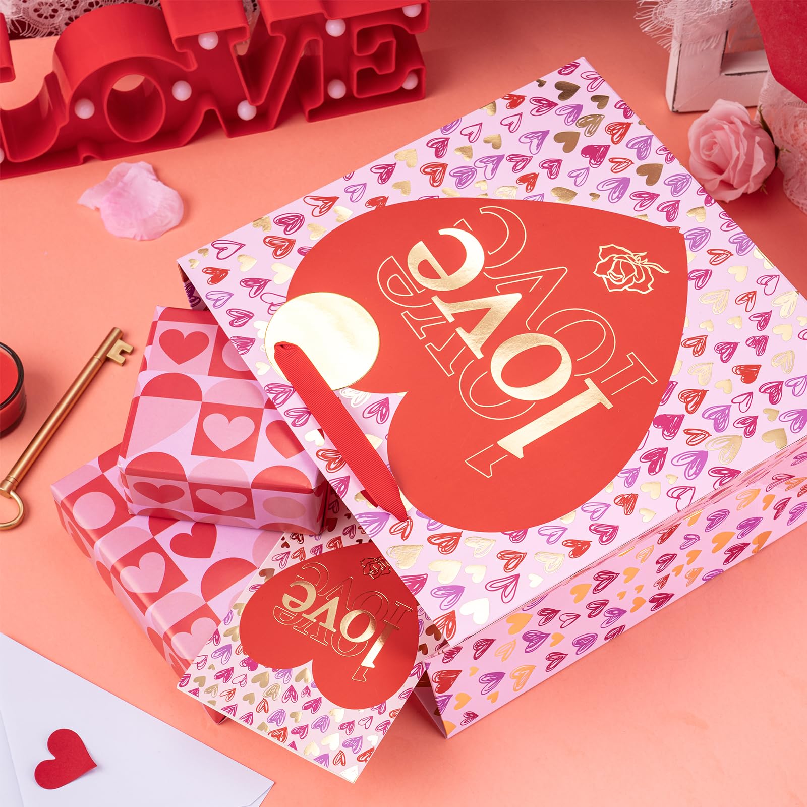 FLYAB Valentine's Day Gift Bag - Large Gift Bag With Tissue Paper Happy Valentine's Day With Handle Romantic Anniversary Wedding Gifts Bags For Her Him Girlfriend Boyfriend Wife Husband Women Men