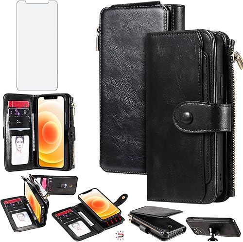 Asuwish Funda de teléfono para iPhone 12 Pro Max 6.7 con cremallera, protector de pantalla de vidrio templado y tarjetero abatible, accesorios para