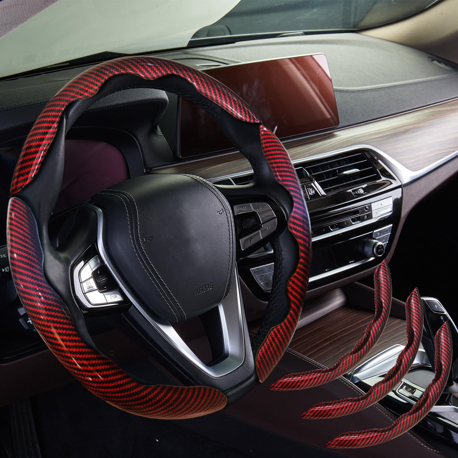 WOCOCN Carbon Fiber Car,Steering Wheel Cover with Non-Slip Lining, Multiple Color Options,Universal for Most Car Interiors Accessories (Bright Red 3PCS)