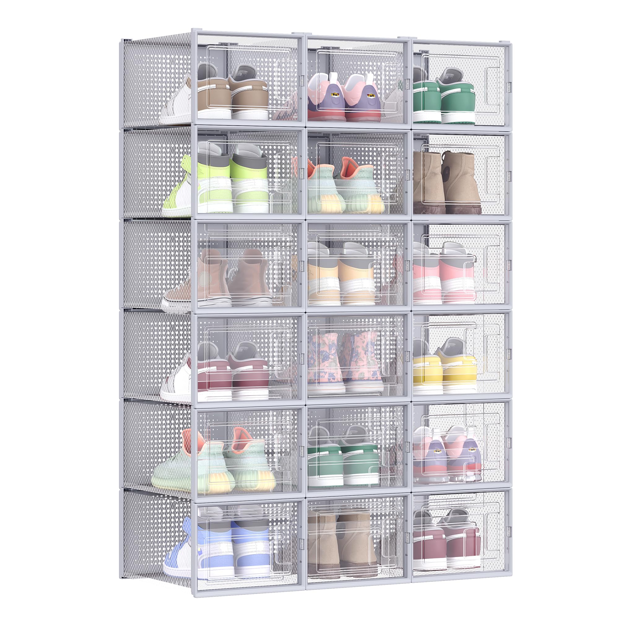 SONGMICS Shoe Boxes, Pack of 18 Stackable Shoe Storage Organisers, Foldable and Versatile for Sneakers, Fit up to UK Size 11, Transparent and Grey LSP007G18