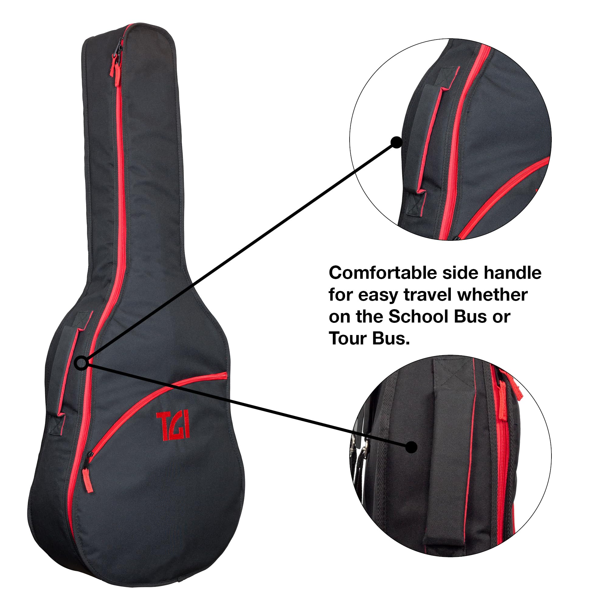 TGI Funda para guitarra clásica 4/4. Ideal para transporte a la escuela, conciertos más pequeños, uso regular. Acolchado interno de 10 mm para mayor protección. Correas traseras extraíbles, bolsillo