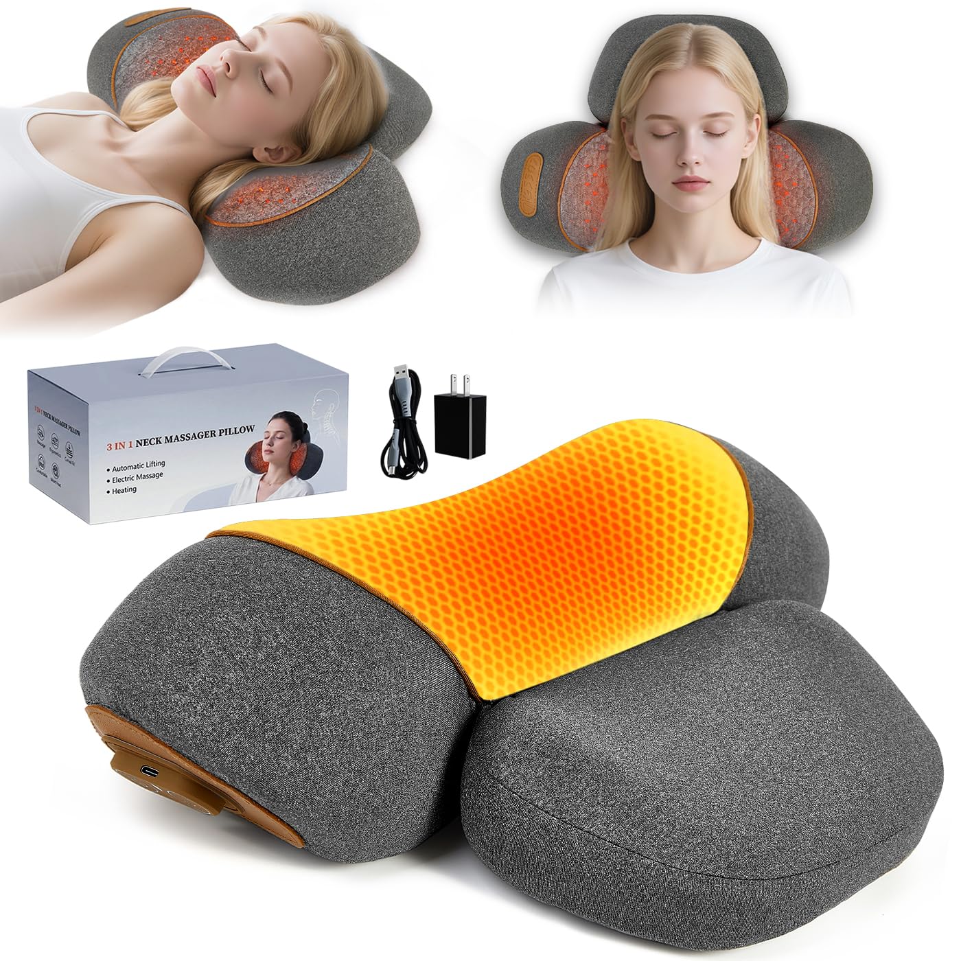 gifts for mom, 3-in-1 electric neck massager pillow with heat - rechargeable neck cervical traction device with heat, massage, electric stretch, ergonomic neck shoulder relaxer (gray pillow)