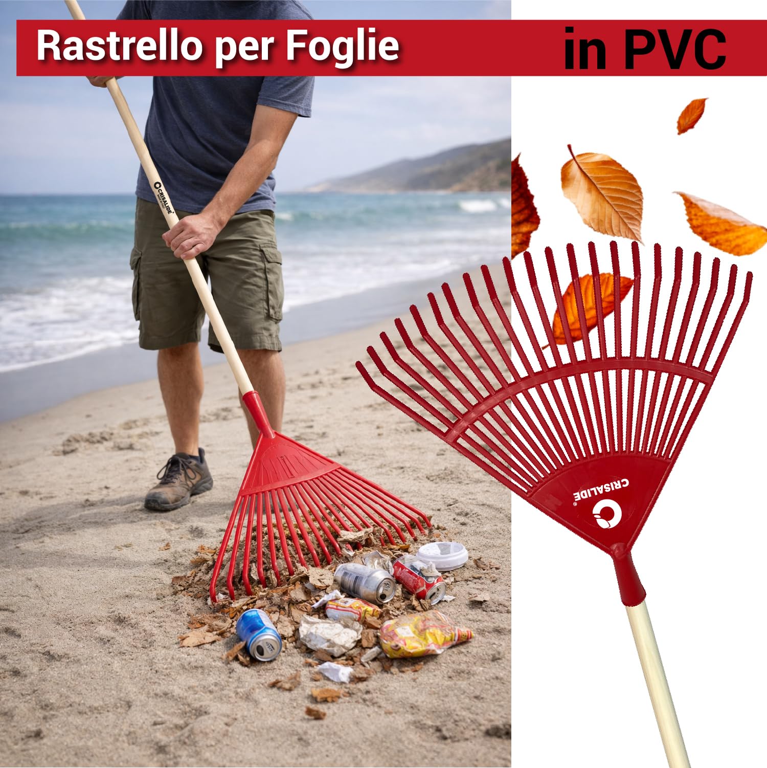 Crisalide®- Rastrello In PVC 22 Denti 40x40CM Con Barra Di Rinforzo, Completo Di Manico In Faggio 150CM, Ideale Per Foglie E Piccoli Detriti