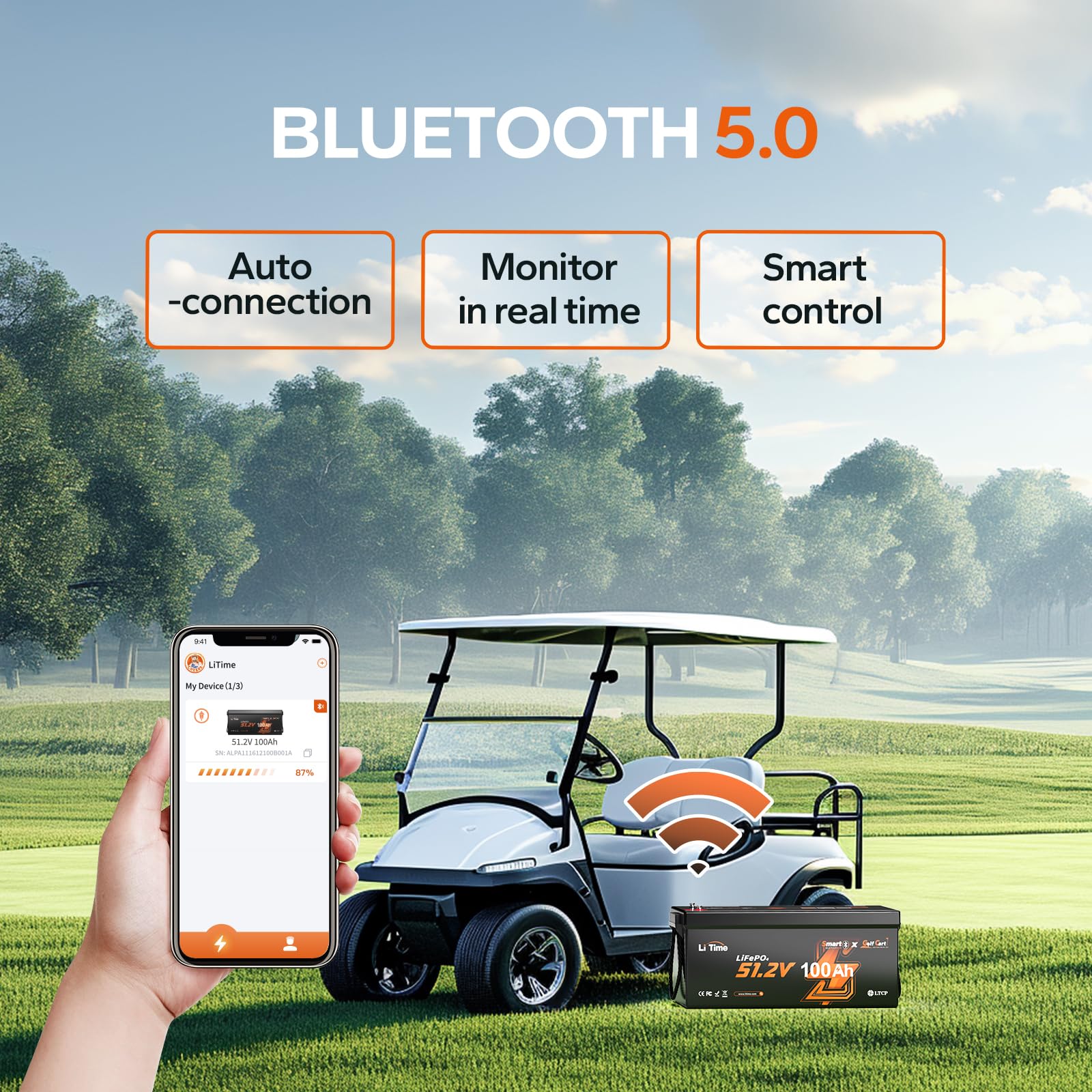 LiTime 48V 100Ah Lithium Golf Cart Battery with Charger, Built-in 200A BMS, Bluetooth & Low-Temp Protection, Support up to 5kW Motor, Perfect for Golf Carts
