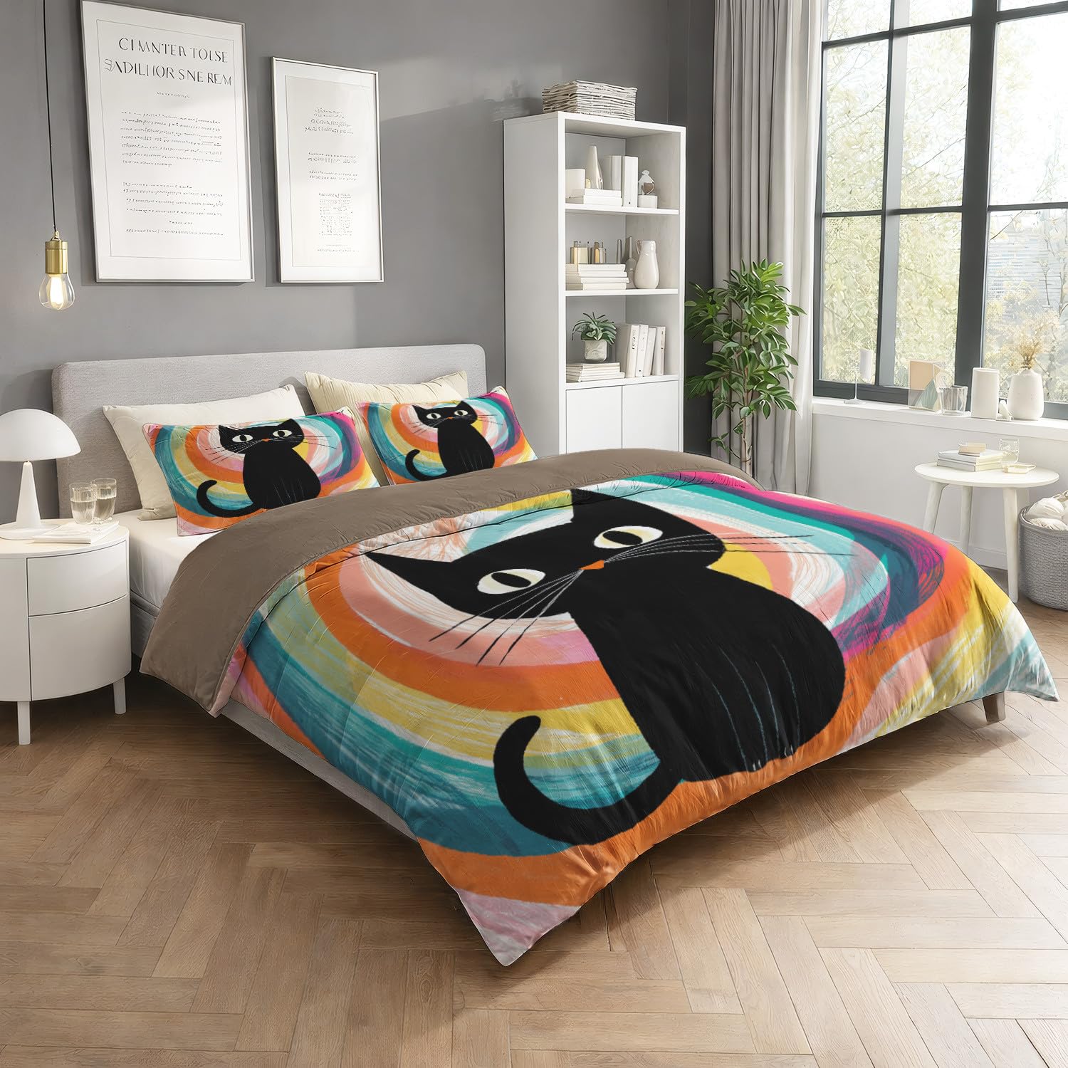 Kreskówka podwójna poszwa na kołdrę 240 x 220 cm miękka mikrofibra zestaw poszewek na kołdrę czarny zabawny kot wielokolorowy druk cyfrowy pościel dla młodzieży i dorosłych z dwoma poszewkami na