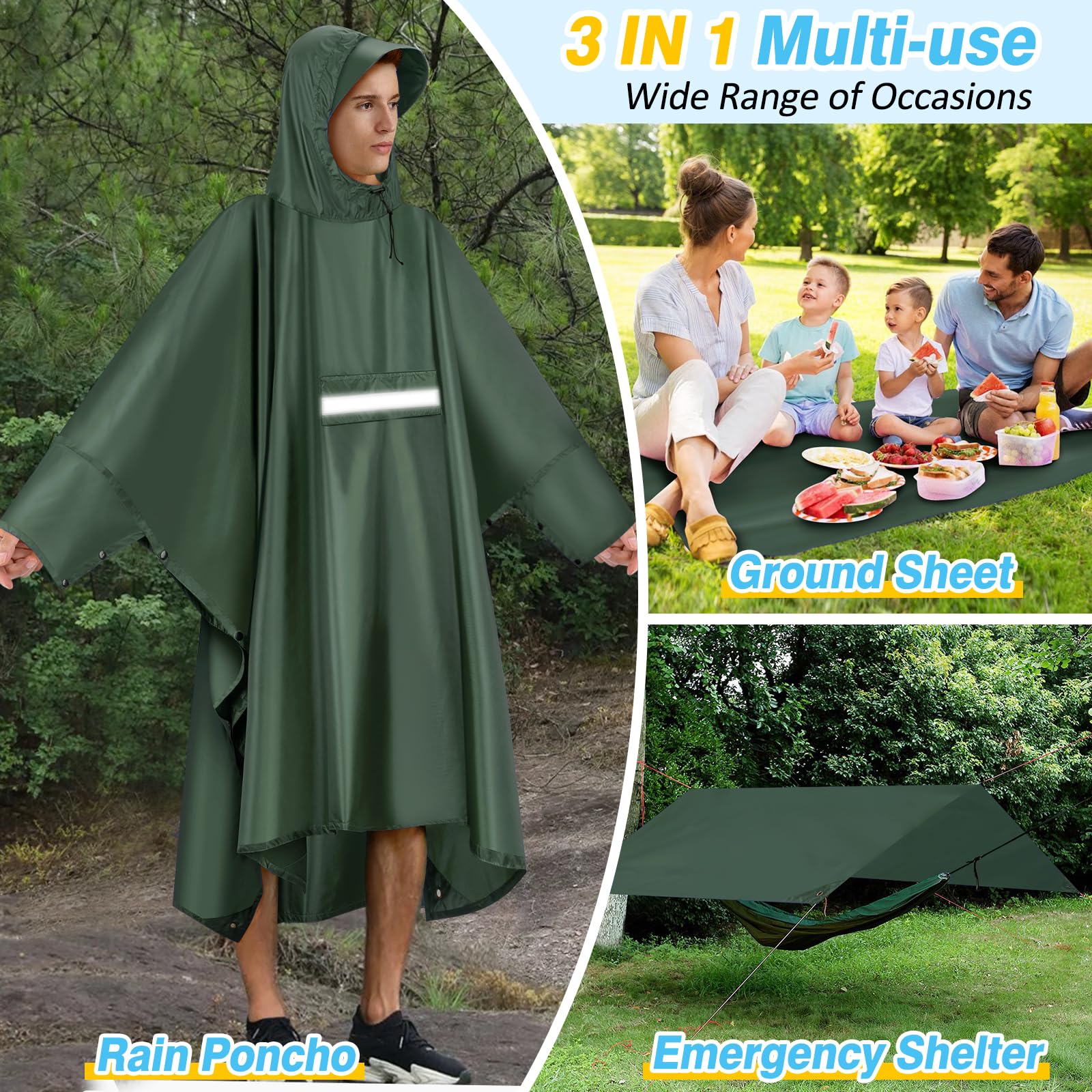 Poncho Pluie Imperméable avec Capuche et Poche Cape de Pluie Réutilisable Poncho Légère Respirant Veste Coupe-Pluie avec Bande Réfléchissante Poncho de Pluie Unisexe pour Randonnée Camping Vélo
