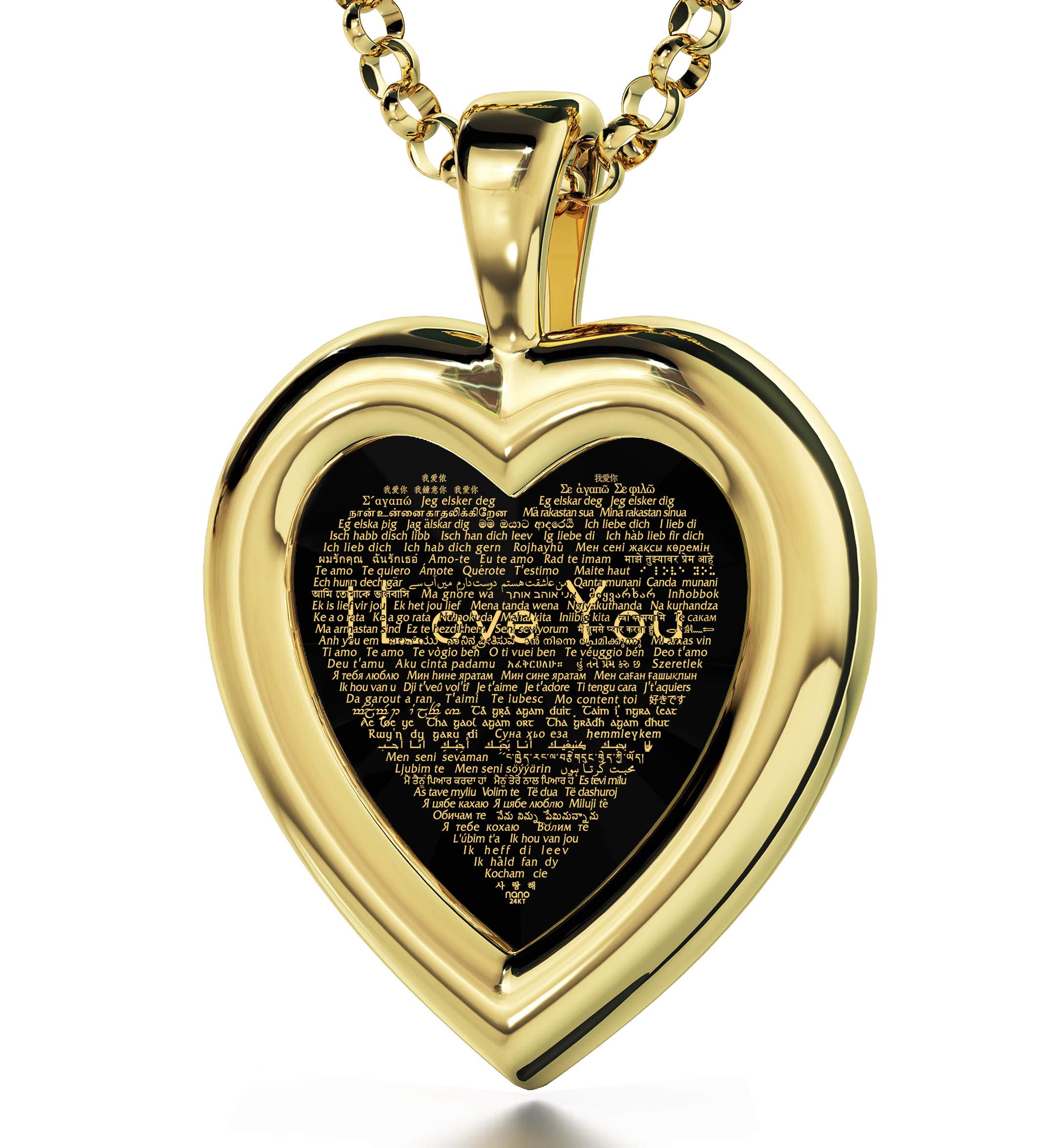 NanoStyleGold Plated Heart Pendant I Love You Necklace 120 Languages Inscribed in 24k Gold on CZ, 18" Gold Filled