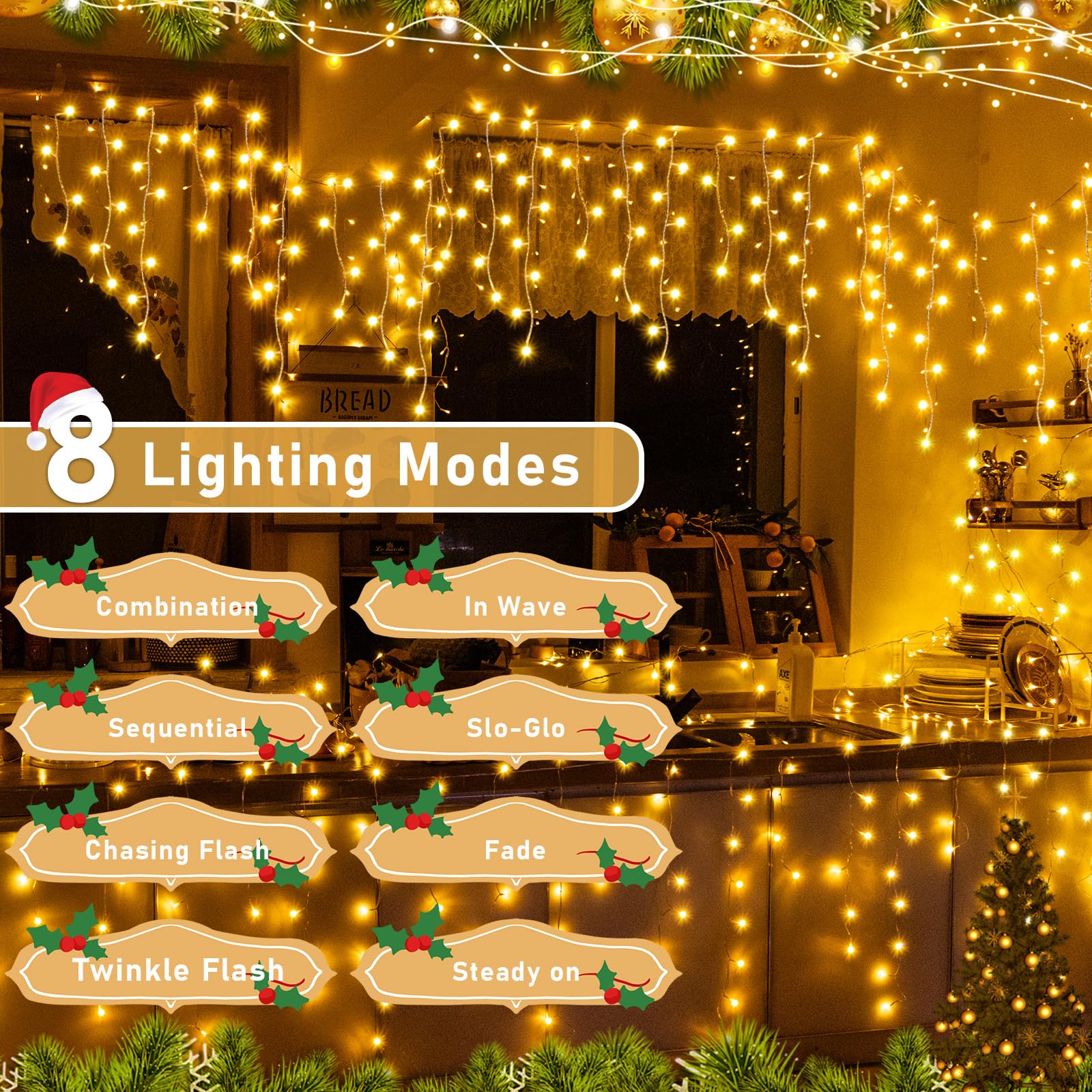 Auriostar Guirlande Rideau Lumineux Noël, 15M 594LED Guirlande Lumineuse Noel Exterieure et Intérieur Étanche IP44, 8 Modes Guirlande Iumineuse pour Décoration Noel, Balcon, Toit, Jardin, Blanc Chaud