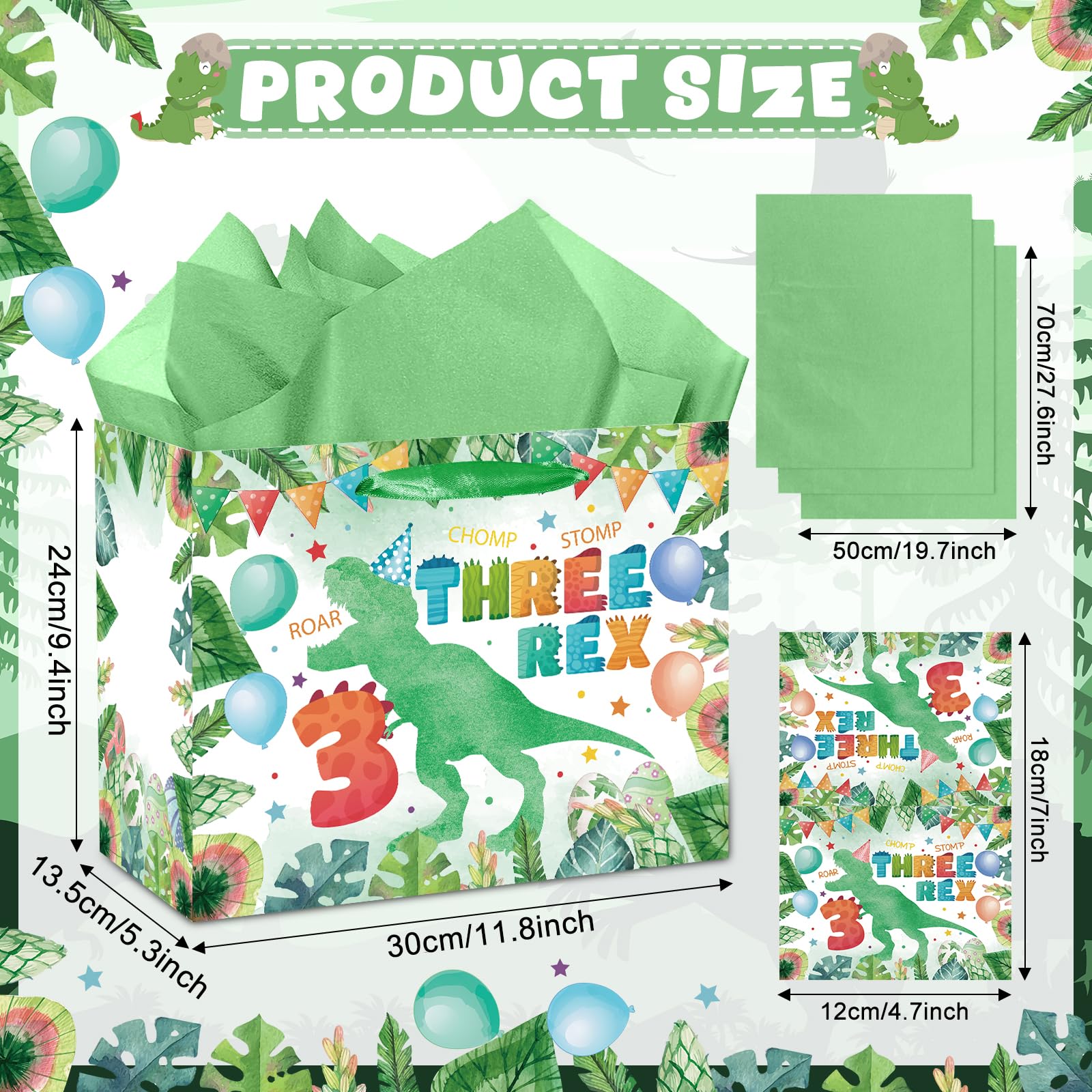 Peconal 3rd Birthday Gift Bag Dinosaur 3rd Birthday Party Decorations Three Rex Dinosaur Gift Wrapping Paper Bag with Tissue Paper for Boys Dino Age 3 Year Old Party Favors Supplies