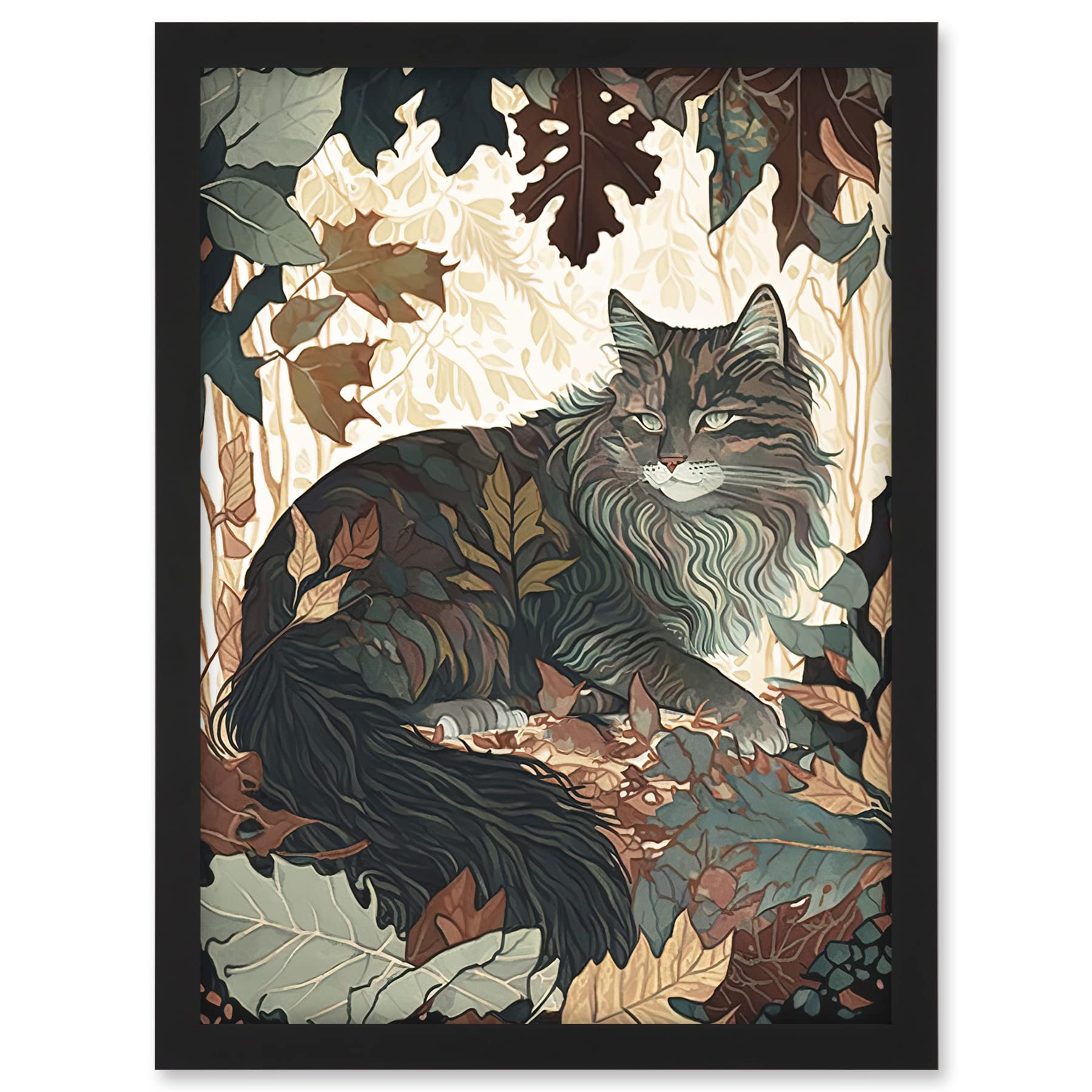 Artery8 Norwegian Forest Cat Resting Under Bush Trees Modern Illustration Artwork Framed A3 Wall Art Print