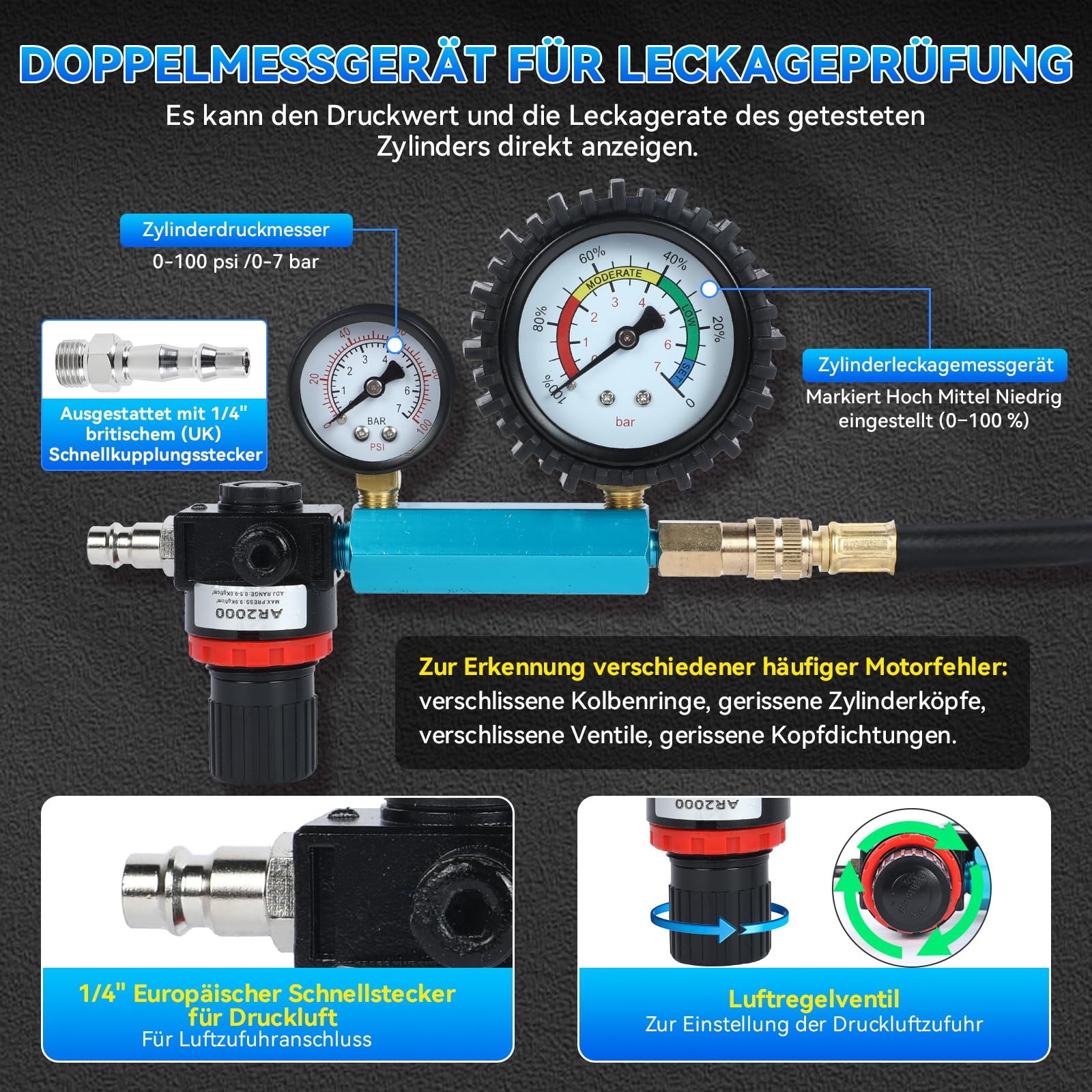Set di 47 tester di compressione per motori a benzina e diesel, 0-50 bar, tester di compressione diesel a doppio manometro, per motori HDI, TDCi e pompa