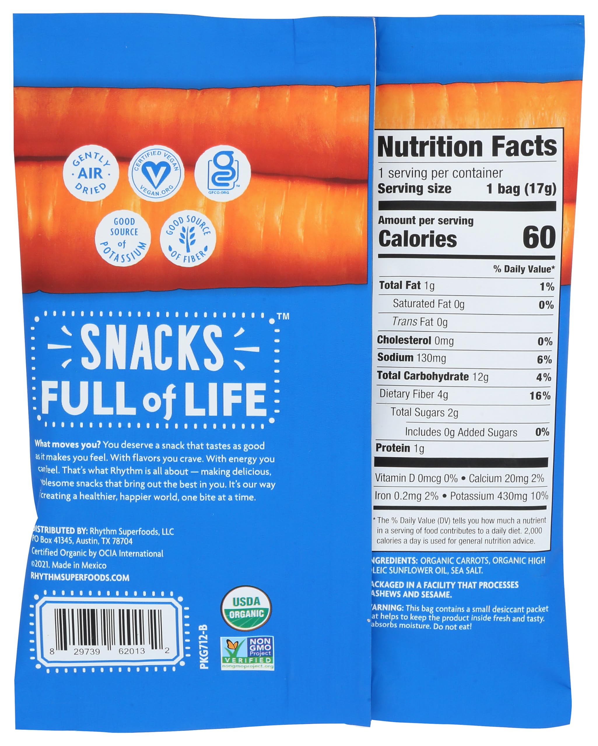 Rhythm Superfoods Carrot Sticks, Salted, Organic & Non-GMO, 1.4 Oz