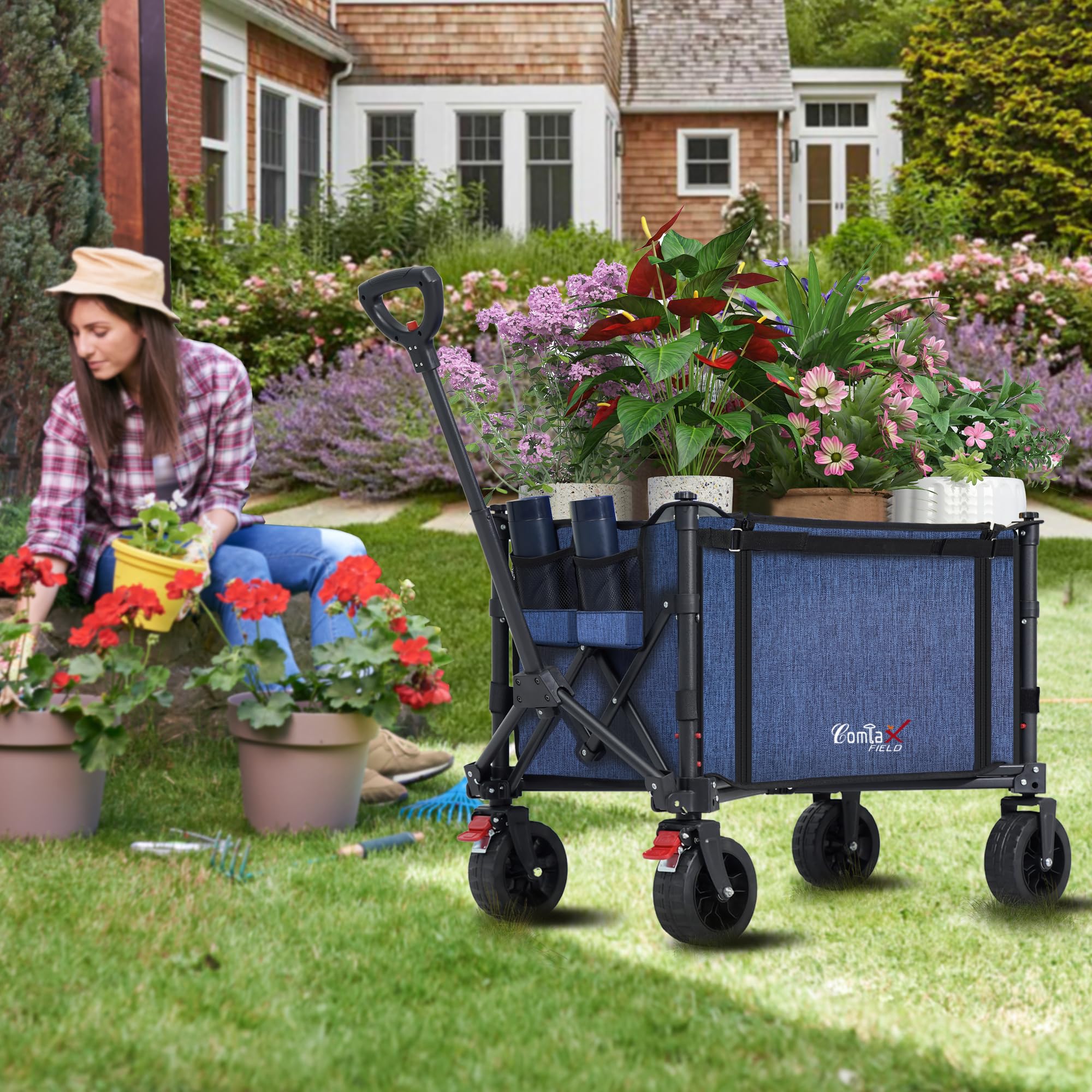 COMLAX FIELD Chariot pliable avec grandes roues tout terrain, chariot pliable de 120L 100KG avec freins, chariot de plage pour la plage, le jardin, le camping, les courses, bleu