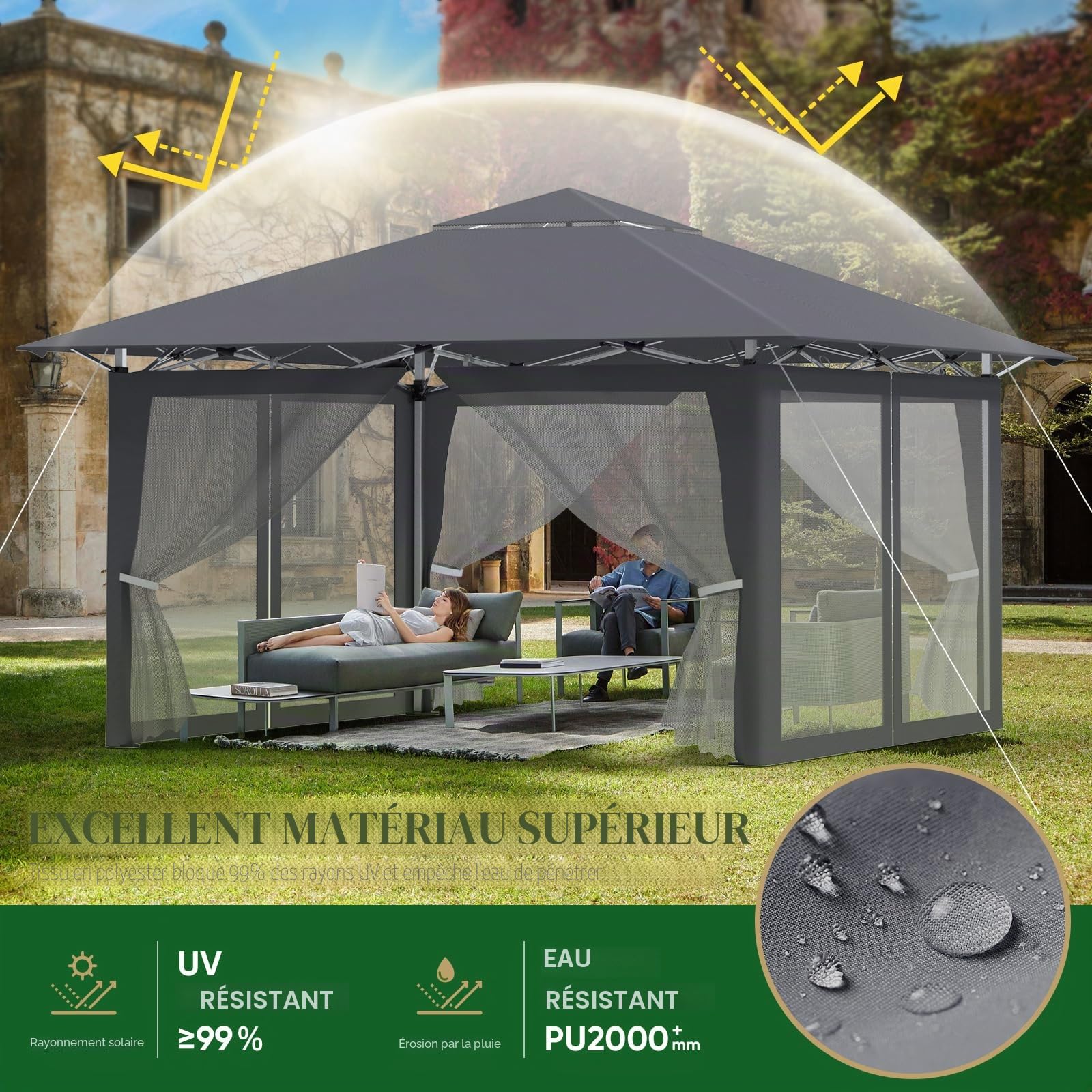 Tonnelle pliante 4 x 4 cm réglable en hauteur - Tonnelle pop-up avec 4 parties latérales anti-moustiques - Sac de transport - Piquets en métal et tissu Oxford 210D - Tente pour fête de jardin