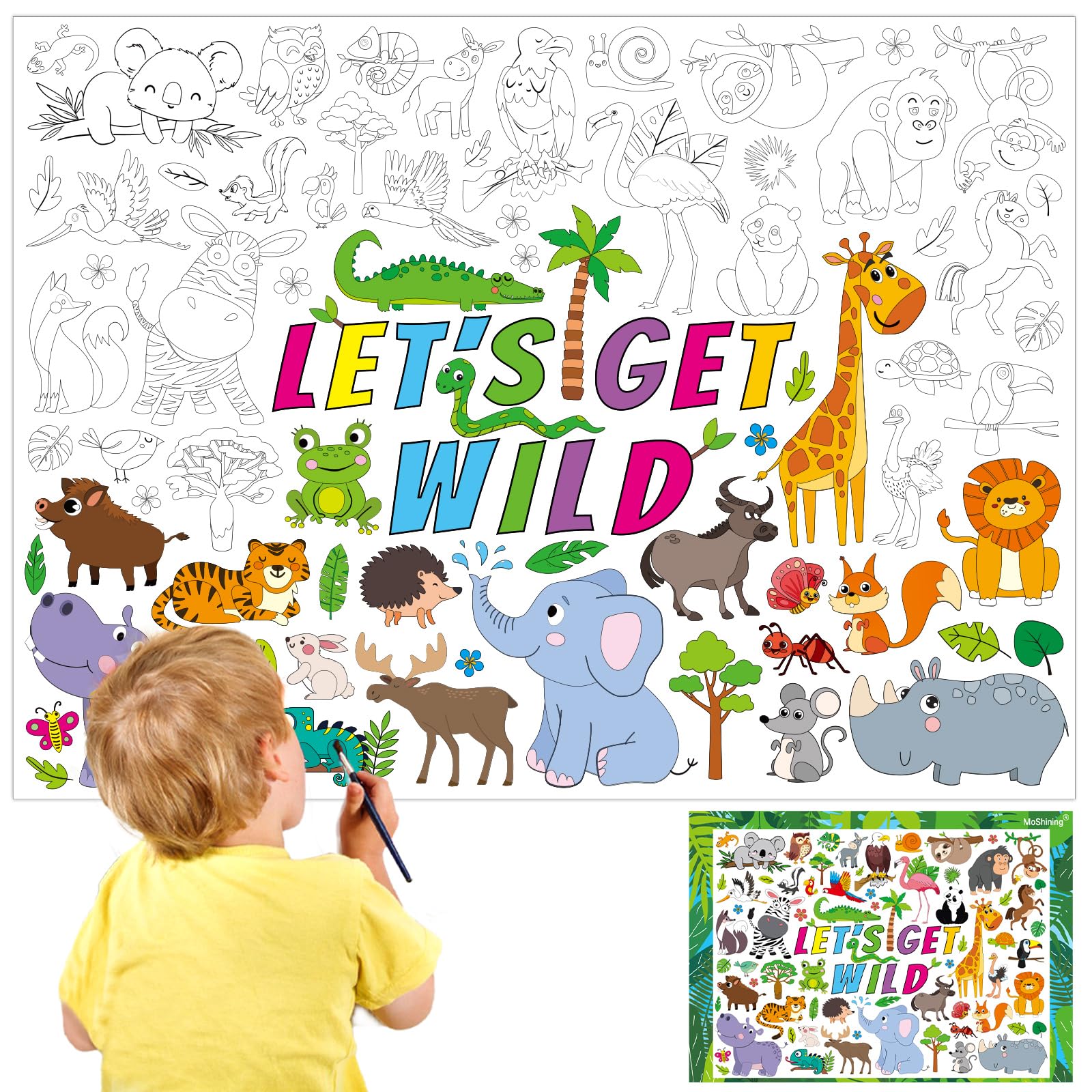 Jungle Safari Animals Giant Coloring Poster for Kids Wild Tropical Life Crafts Activity Wall Doodle Art Coloring Paper Poster Banner for Home School Classroom Party Supplies Gifts Goodie Bag Decor