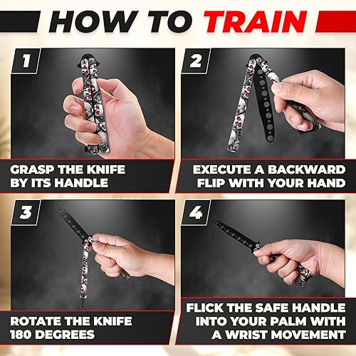 Miniatura 5 de DIMROM Practice Butterfly Knife Trainer - Mango de impresión de calavera Balisong con hoja de metal