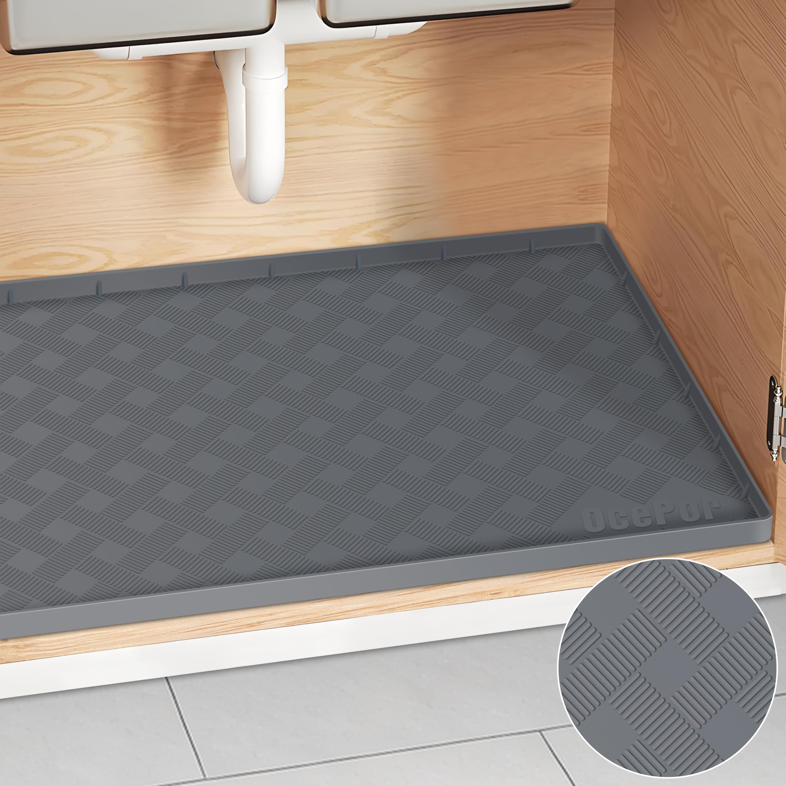 Under Sink Mat 22" x 19" - Waterproof Kitchen Liner Tray, Silicone Protector for Bottom of Sink (Dark Grey)