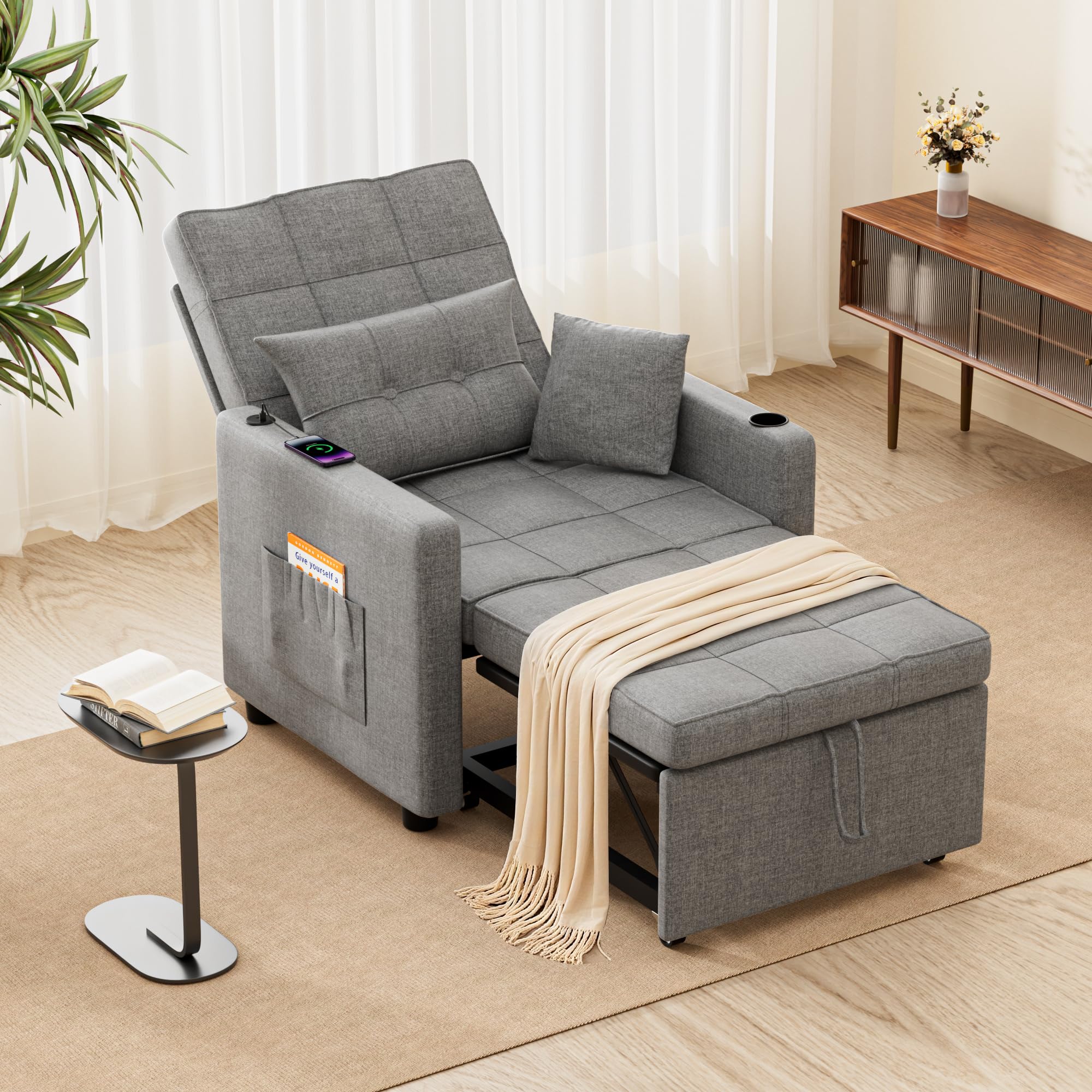 BonVache 3-in-1 Schlafsessel mit Bettfunktion, 5-stufig Verstellbarer Rückenlehne, Schlafsofa mit Kissen und Seitentasche, Schlafcouch mit Getränkehalter und USB- & USB-C-Anschluss, Dunkelgrau
