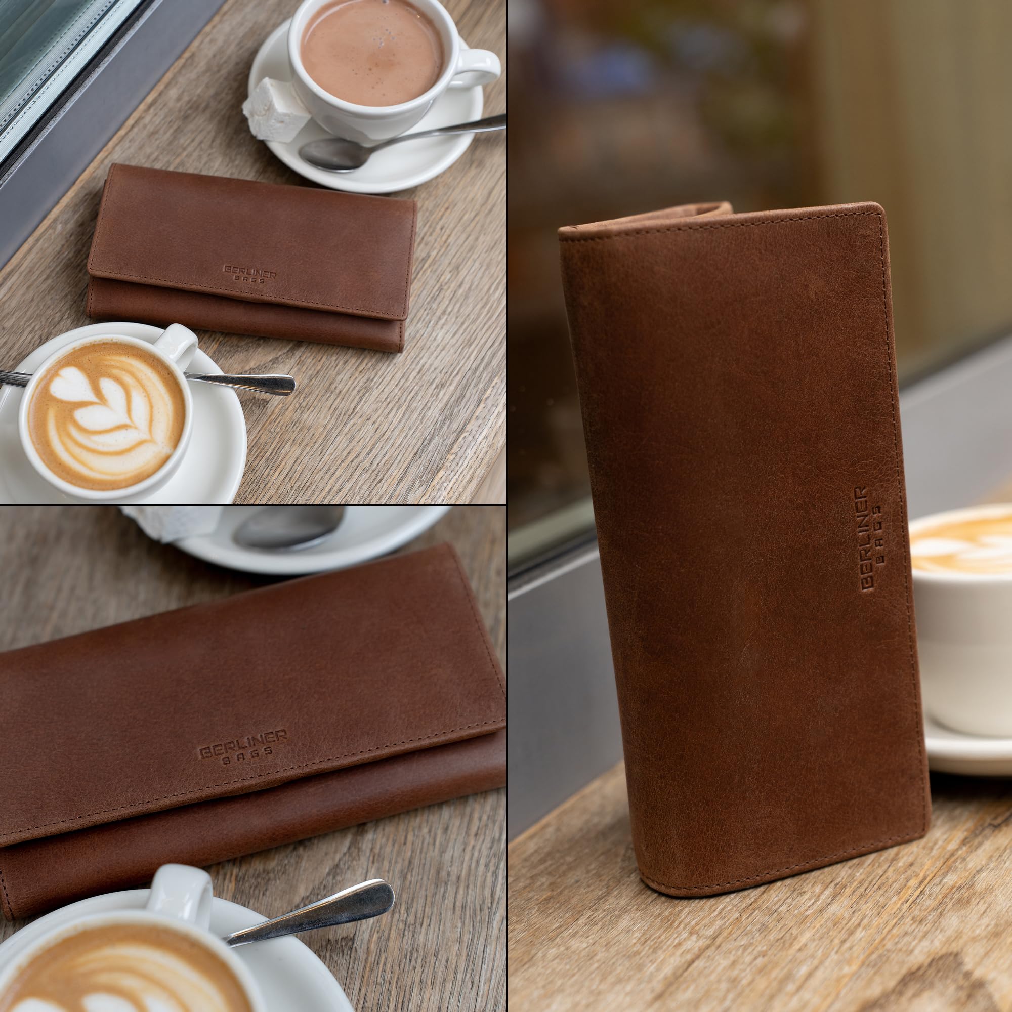Berliner Bags Vintage Geldbörse Iris, Großes Portemonnaie aus Leder, Elegante Geldbeutel mit Mehreren Kartenfächern, RFID-Schutz & Druckknopf für Damen – Braun