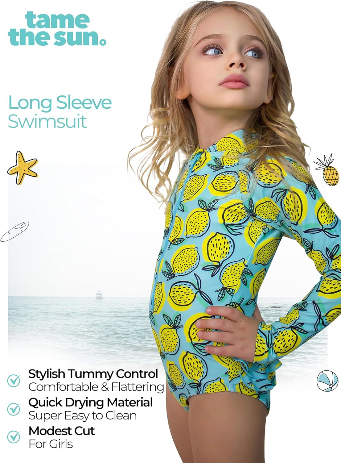 Tame the Sun Long Sleeve Girls' Swimsuit - Rash Guard with Frills, UPF 50+ Zipper Swimwear - Bathing Suit for Ages 3-12