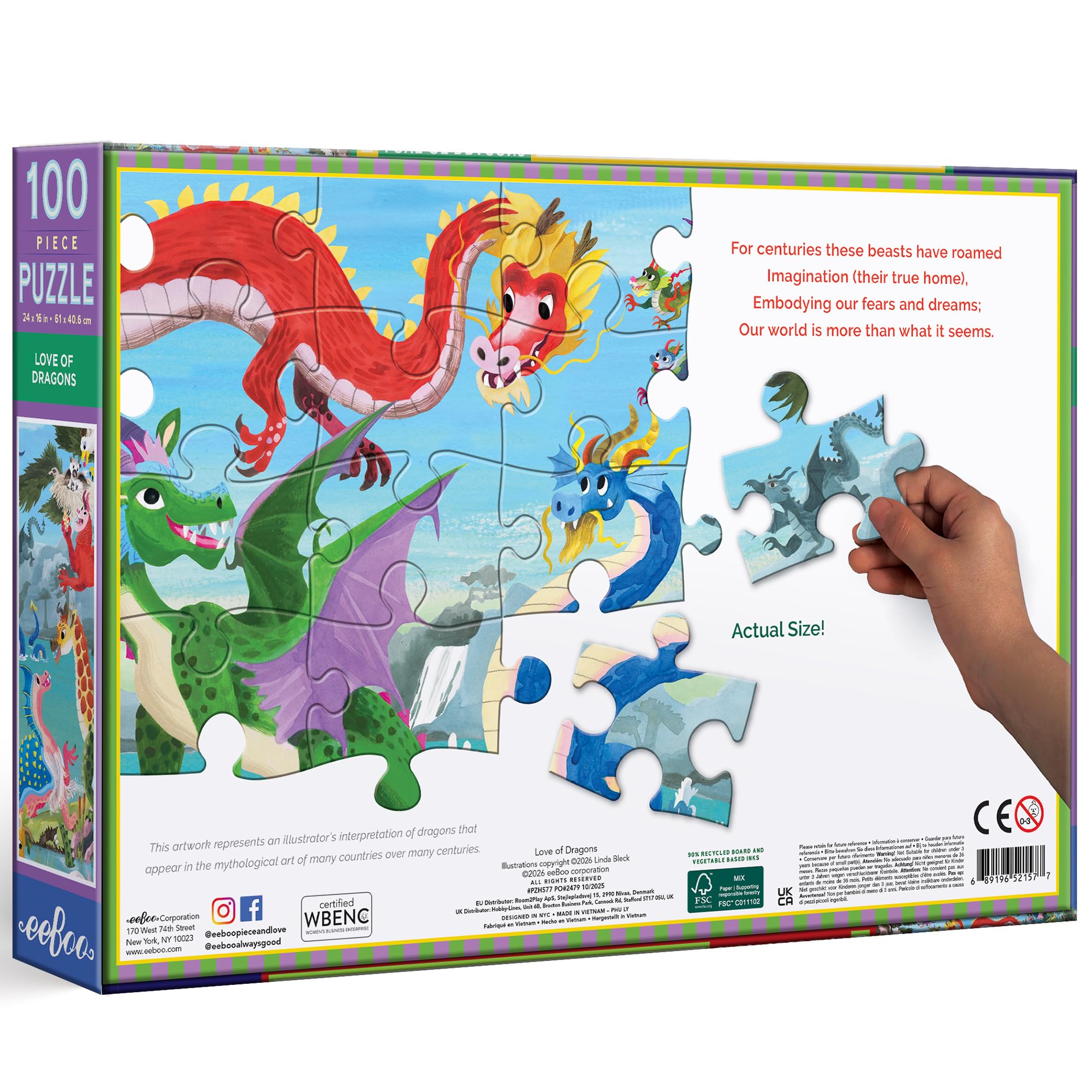 eeBoo 100 Teile Puzzle für Kinder - Love of Dragons Kinderpuzzle Drachen Thema, große Teile für kleine Hände, um motorische Fähigkeiten zu entwickeln