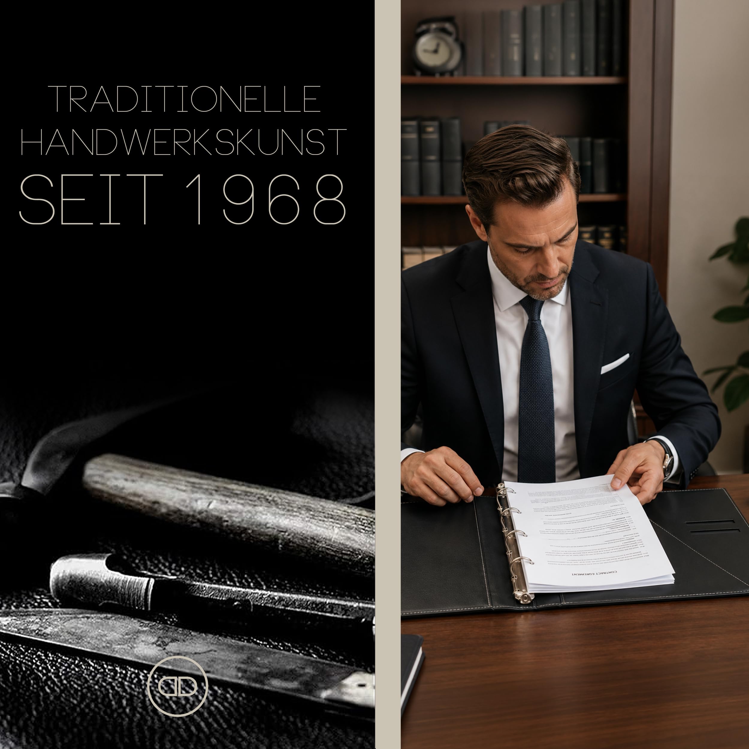 DELMON VARONE - Personalisierbare Dokumentenmappe DIN A4 Premium Cambridge Leder Braun - Ringbuch Ablagemappe zum Abheften von Dokumenten, Urkunden & Akten - Ordner mit 3 Einsteckfächern