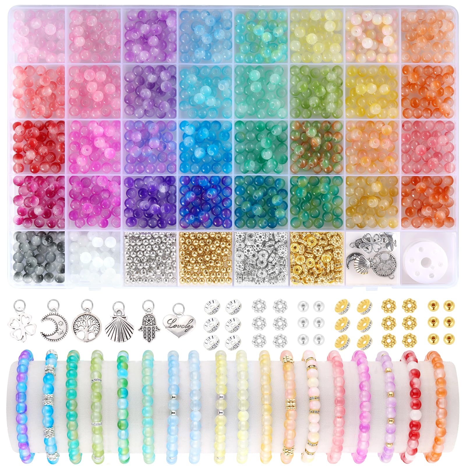 Funtopia 6mm Glass Beads Bracelet Making Kit, 1396pcs Gradient Glass Beads for Bracelets, 34 Colors Round Crystal Bead for Bracelets DIY Crafts with Spacer Bead and Charms