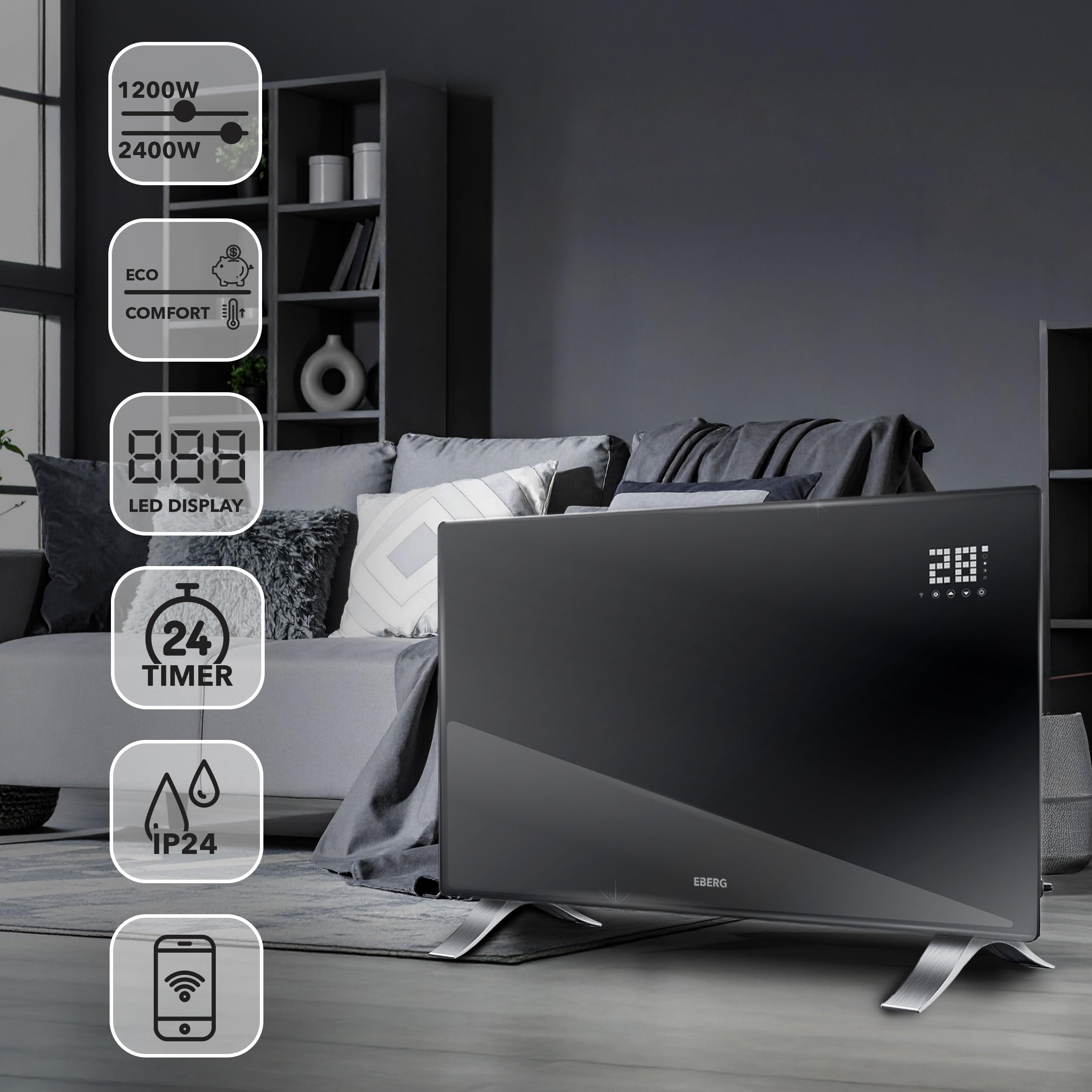EBERG EVI PRO Grzejnik konwektorowy 2400 W WiFi, szklany panel, pilot, termostat cyfrowy, montaż ścienny lub stojący